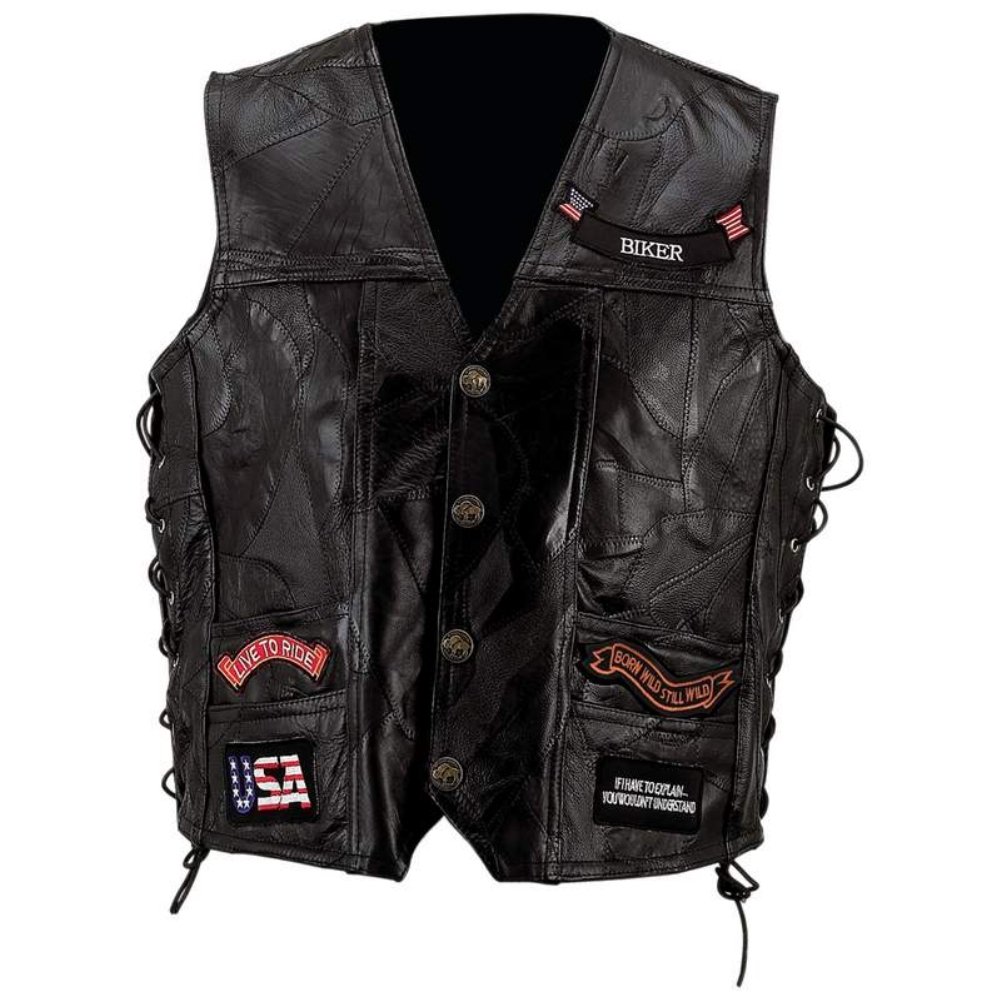 Genuine Leather Diamond Plate Motorcycle Vest with 14 Embroidered Patches - Biker Jacket for Men, Cruiser & Harley Davidson Riders - Perfect for Motorcycle Clubs, Rallies & Road Trips