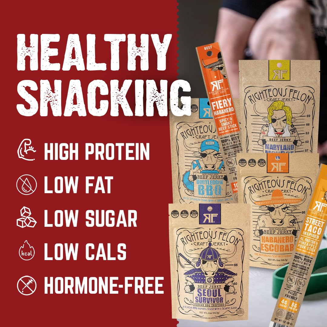 Premium Beef Jerky & Meat Sticks Variety Pack - Gluten Free, High Protein, Keto & Low Sugar Snacks | Made with 100% Grass-Fed Beef | Perfect for Men's Gifts, Camping, Hiking & Road Trips | Spicy Jerky 6 Pack