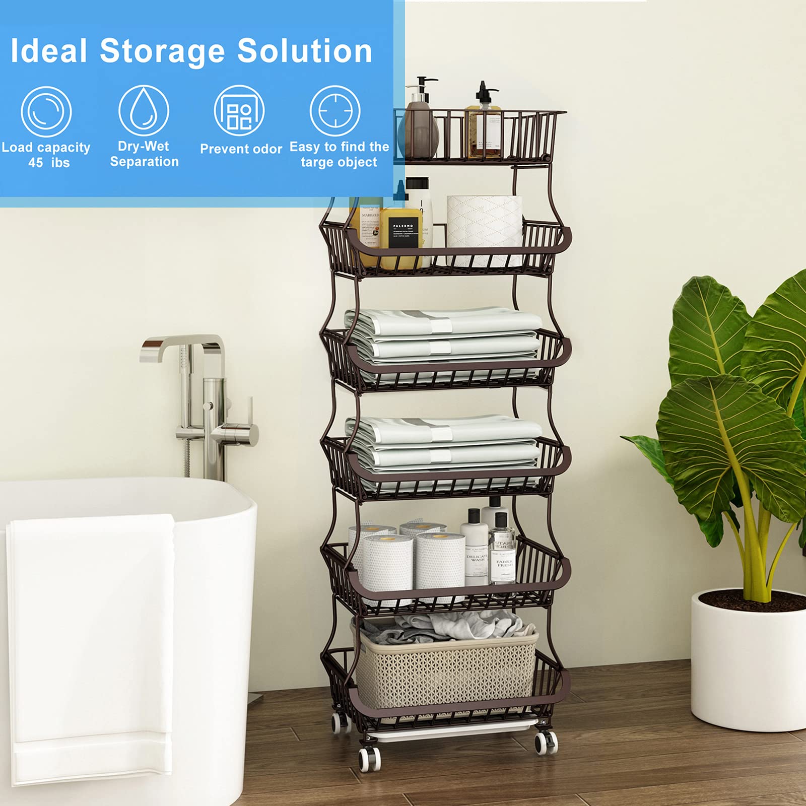 Apsan 6-Tier Metal Wire Fruit and Vegetable Storage Basket with Wheels - Kitchen Organizer for Onions, Potatoes, and Produce - Bronze Finish for Pantry, Grocery Store, or Home Kitchen Use