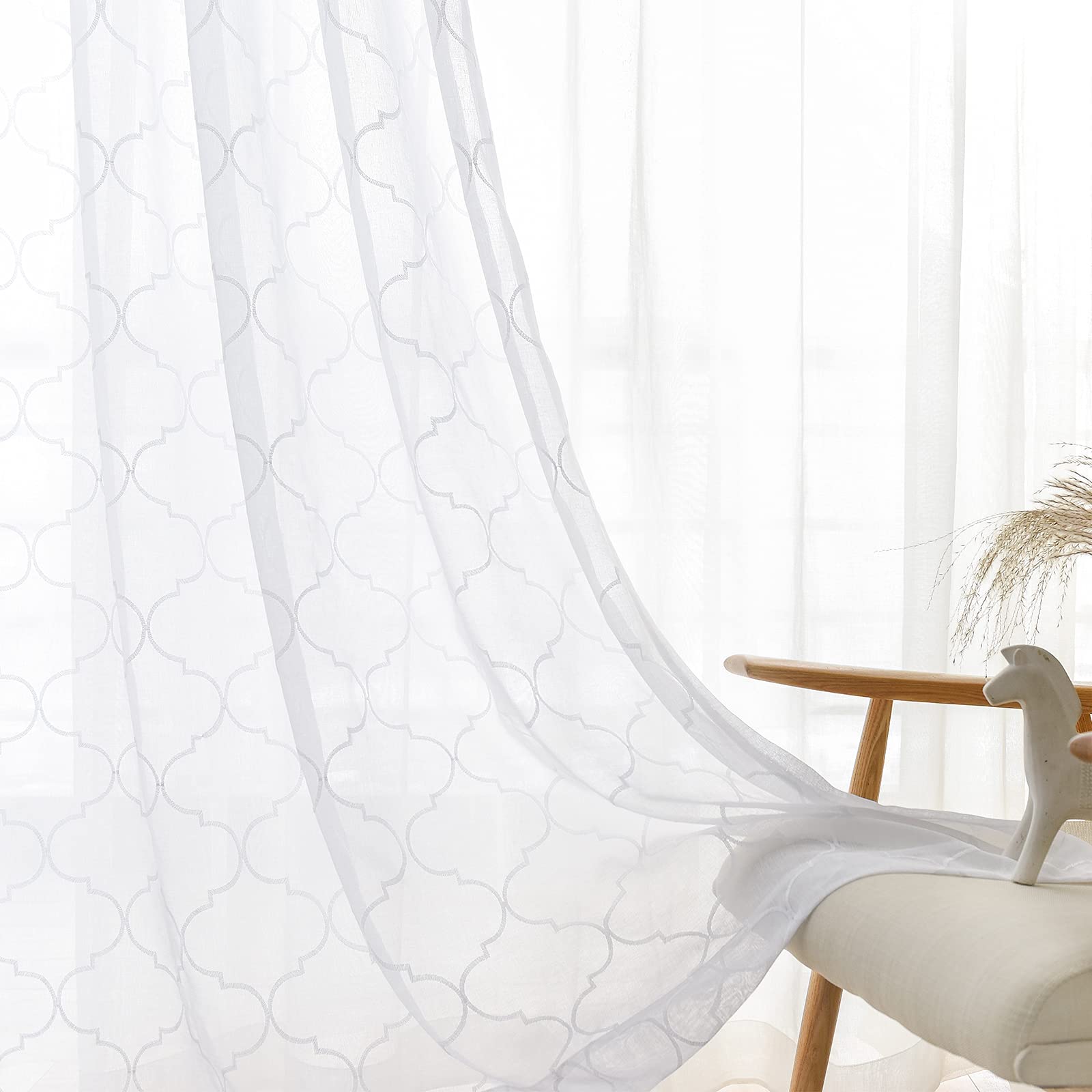 White Sheer Curtains for Living Room & Bedroom - Moroccan Tile Embroidered Window Drapes with Lattice Geometric Quatrefoil Design, Semi-Sheer Panels (Set of 2, 55x63 Inches) - Perfect for Boho Home Decor, Apartment Windows, and Cozy Interior Styling