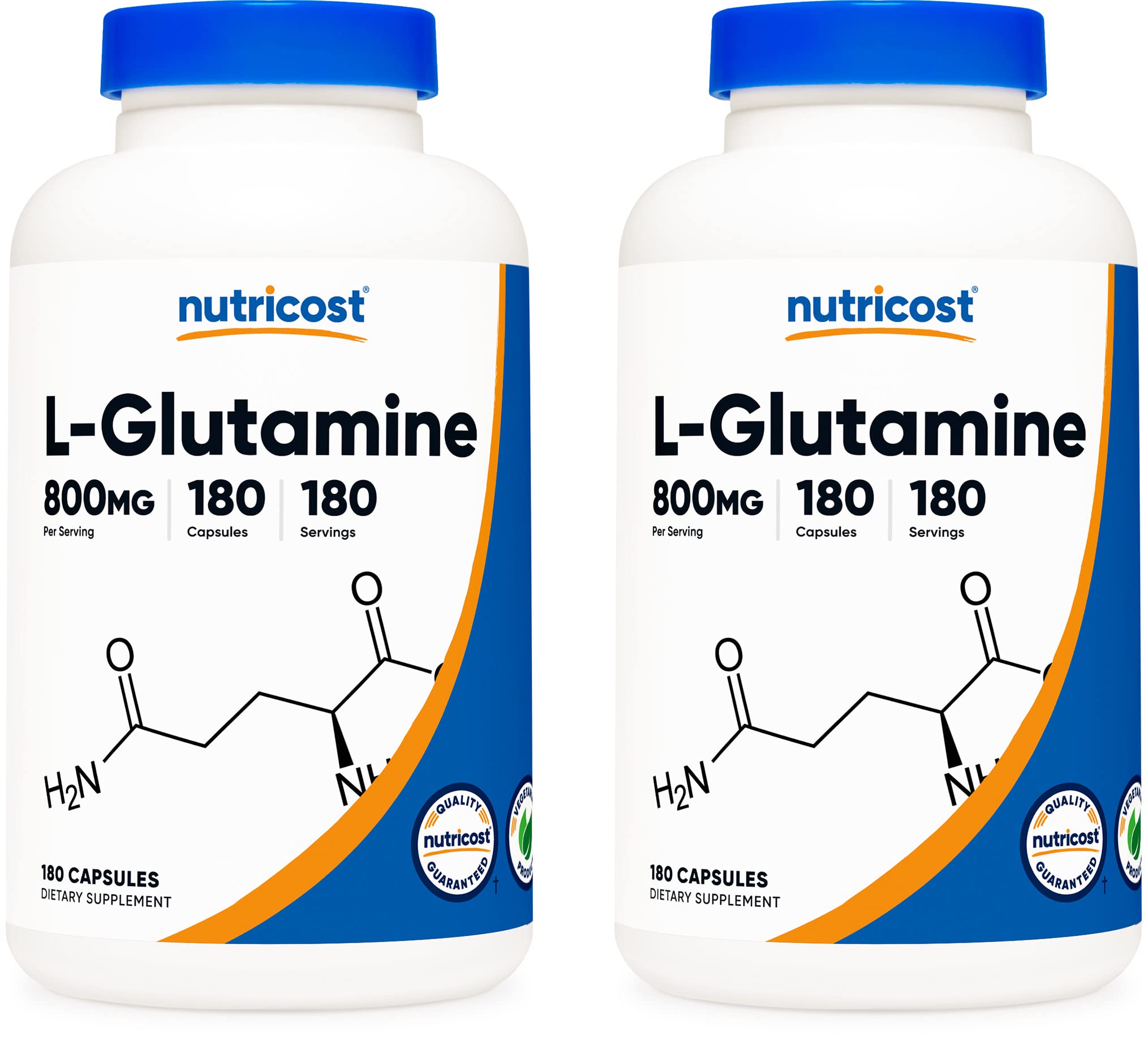 Nutricost L-Glutamine 800mg, 180 Capsules (2 Bottles) - Premium Glutamine Supplement for Muscle Recovery, Gut Health & Immune Support - Ideal for Athletes, Bodybuilders & Fitness Enthusiasts