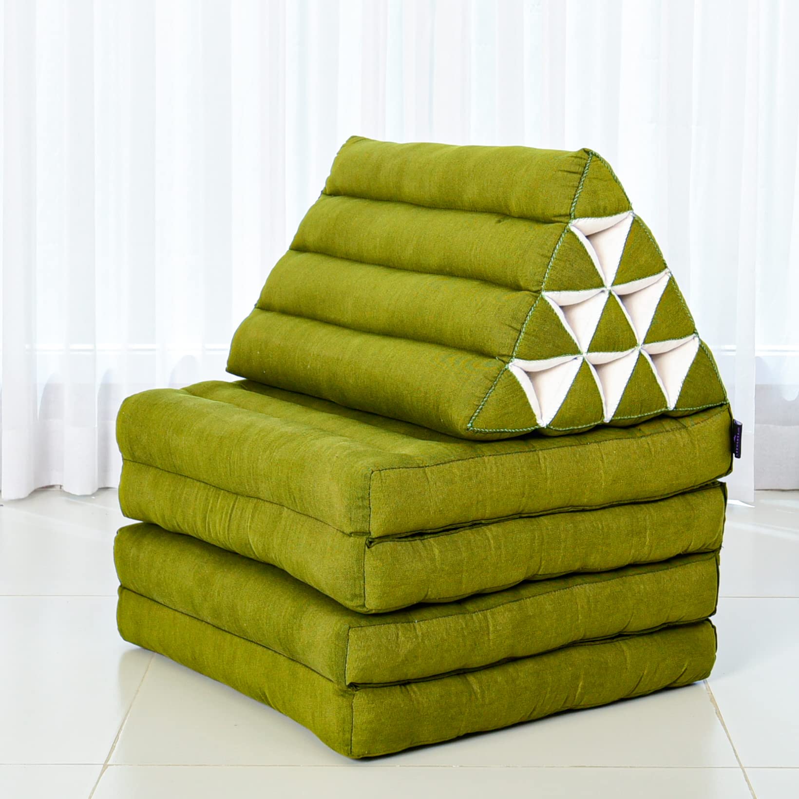 Leewadee Japanese Floor Mattress - Extra Long Thai Floor Bed with Triangle Cushion - XL Futon Mattress (89x20 Inches) - Kapok Filled Green Massage Mat for Yoga, Meditation & Relaxation at Home