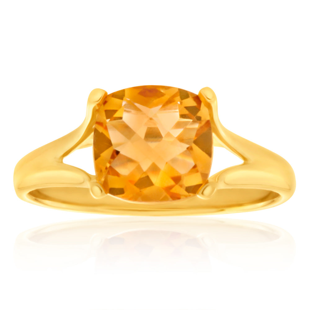 9ct Yellow Gold 2ct Cushion Cut Citrine Ring - Elegant Statement Jewelry for Women, Perfect for Weddings, Anniversaries & Special Occasions