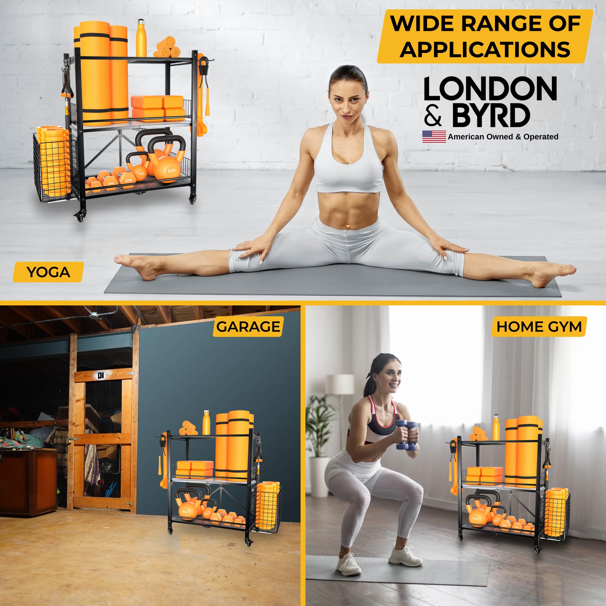 London & Byrd Heavy Duty Steel Home Gym Storage Rack with Wheels, Basket & Hooks - Quick Assembly in Minutes - Perfect for Yoga Mats, Kettlebells & Dumbbells - Ideal for Home Workouts & Garage Gym Organization