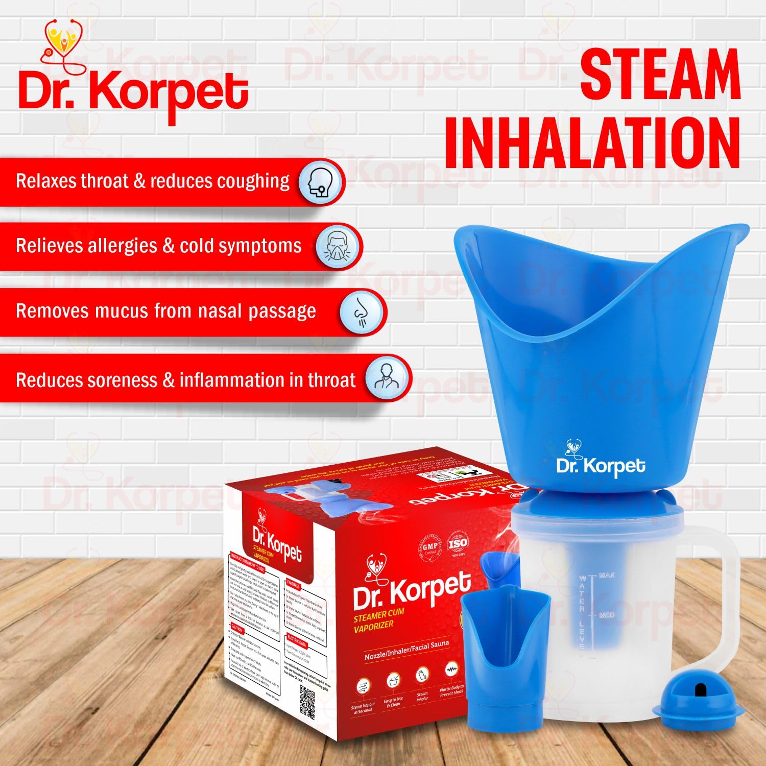 Dr. Korpet Steamer for Cold & Cough Relief - Portable Vaporizer for Adults, Facial Steamer & Steam Inhaler - Soothe Congestion & Hydrate Skin - Perfect for Home & Travel Use (Blue)