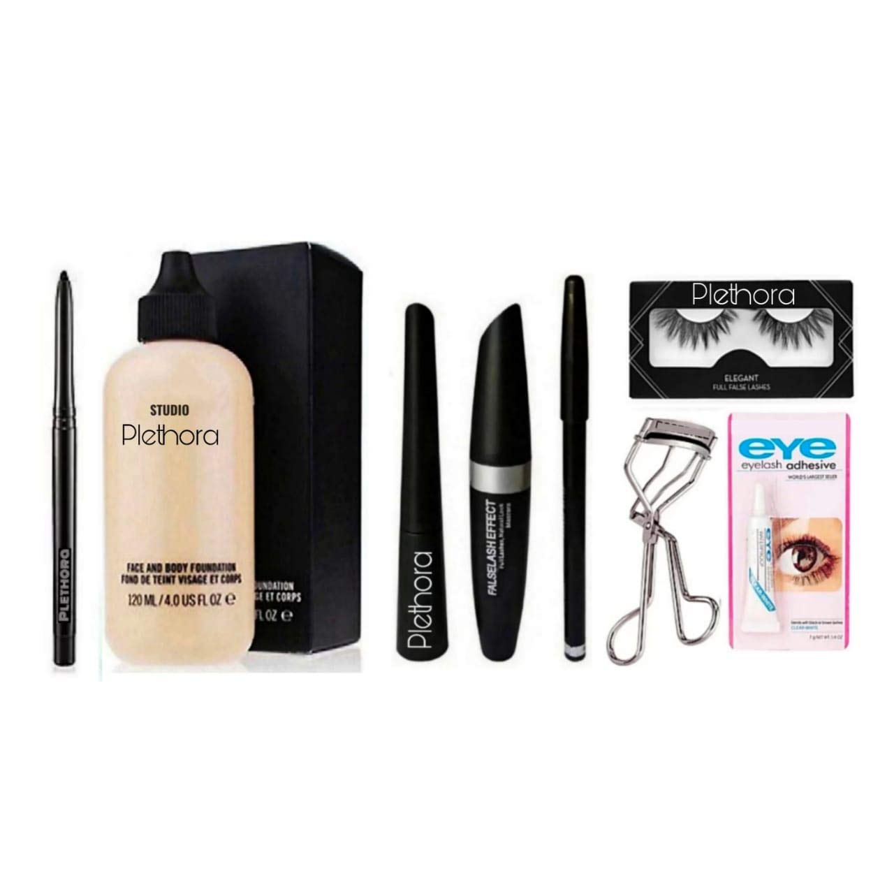 Waterproof Face & Body Foundation, Eyeliner, Mascara, Eyebrow Pencil, Black Kajal & Eyelash Curler Glue Combo Set (5-Piece) - Perfect for Makeup Artists, Bridal Looks & Long-Lasting Cosmetics