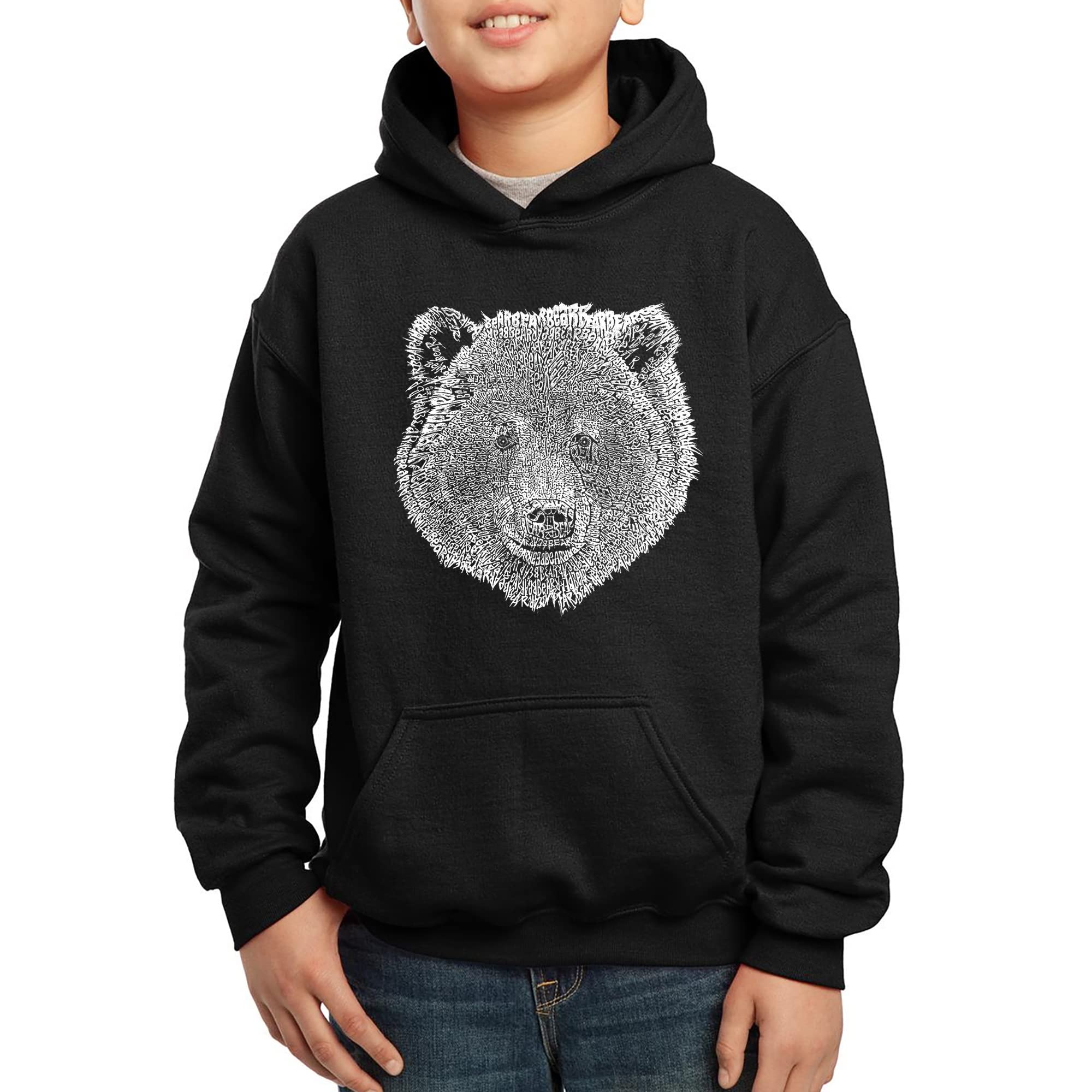 LA POP ART Boys' Word Art Hooded Sweatshirt with Bear Face Design - Trendy Graphic Pullover for Casual Wear, School & Street Style