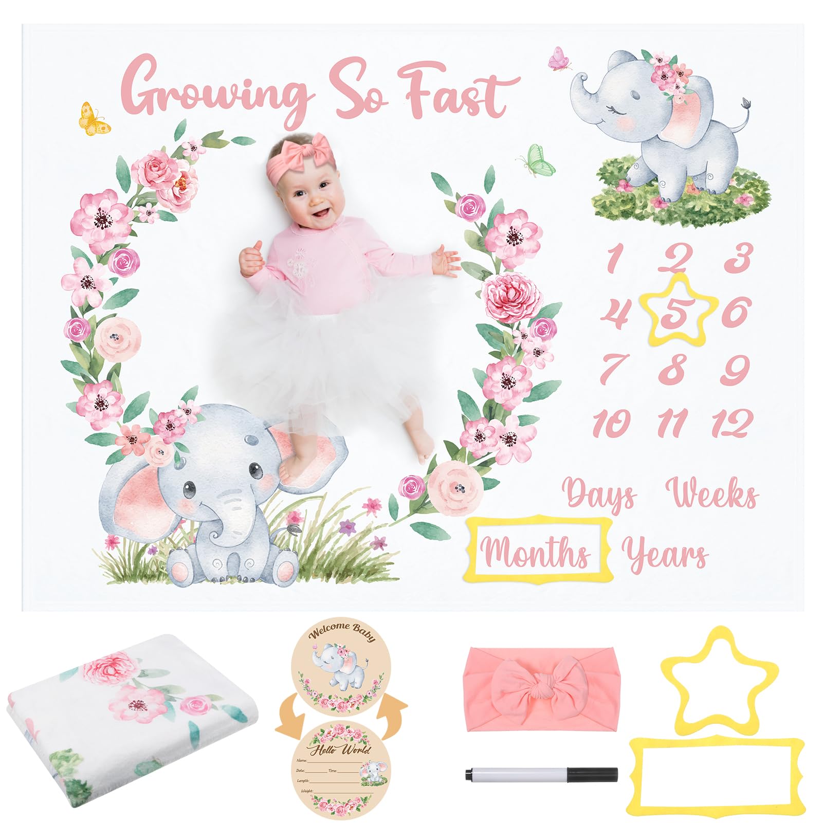 6TXD Baby Milestone Blanket - Soft Fleece Newborn Photography Blanket for Girls & Boys - 50x39 Inches with Wooden Signs, Frames & Bow Headband - Perfect for Monthly Photo Shoots, First Birthday & Nursery Decor