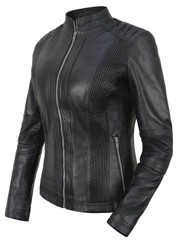 SpazeUp Women's Black Asymmetrical Genuine Leather Motorcycle Jacket - Stylish Cafe Racer Biker Jacket for Women | Perfect for Riding, Night Out & Street Fashion