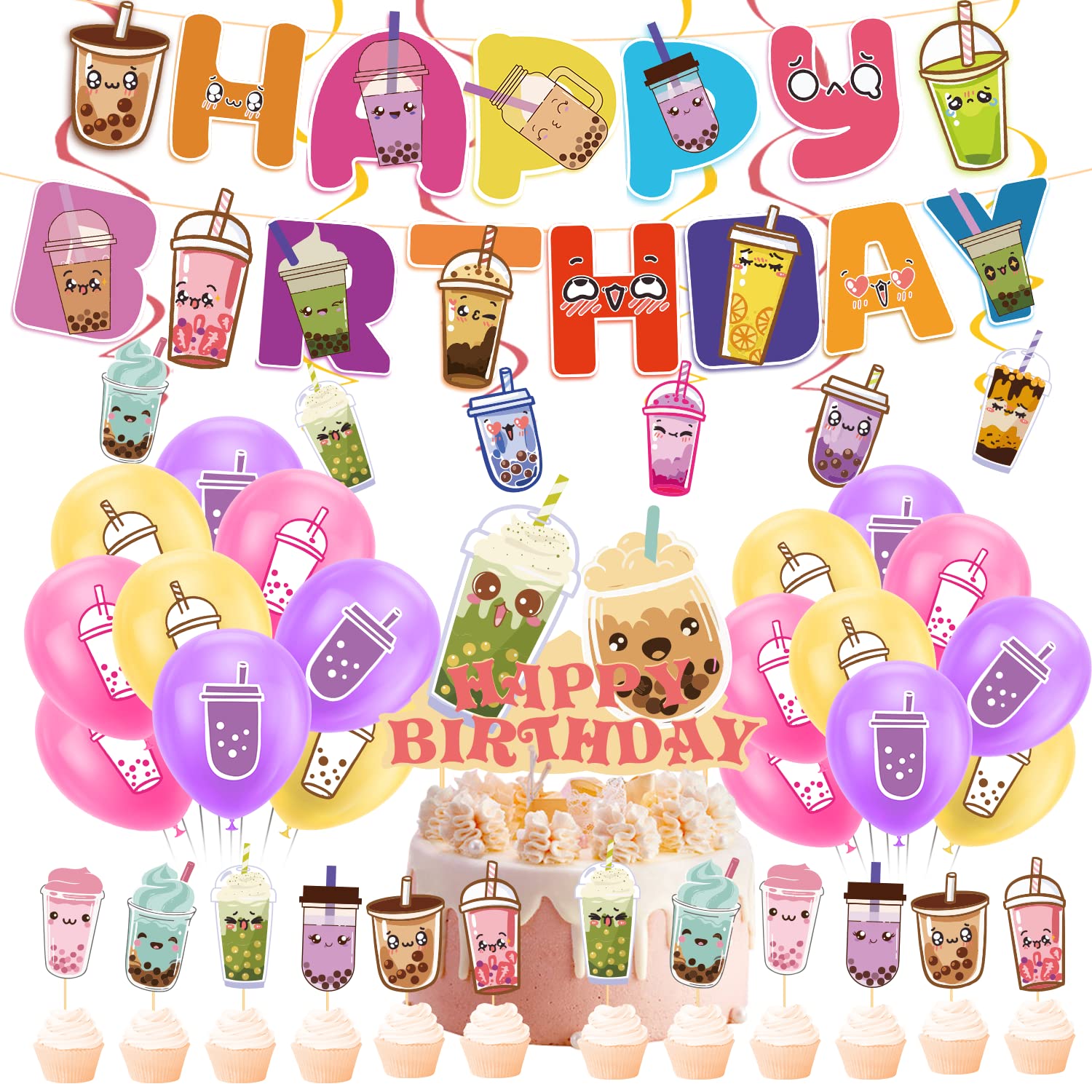 Bubble Tea Party Decorations Kit - Boba Tea Birthday Banner, Spirlas, Cake Topper, Cupcake Toppers & Balloons for Boba Themed Celebrations | Perfect for Birthday Parties, Baby Showers & Bridal Showers