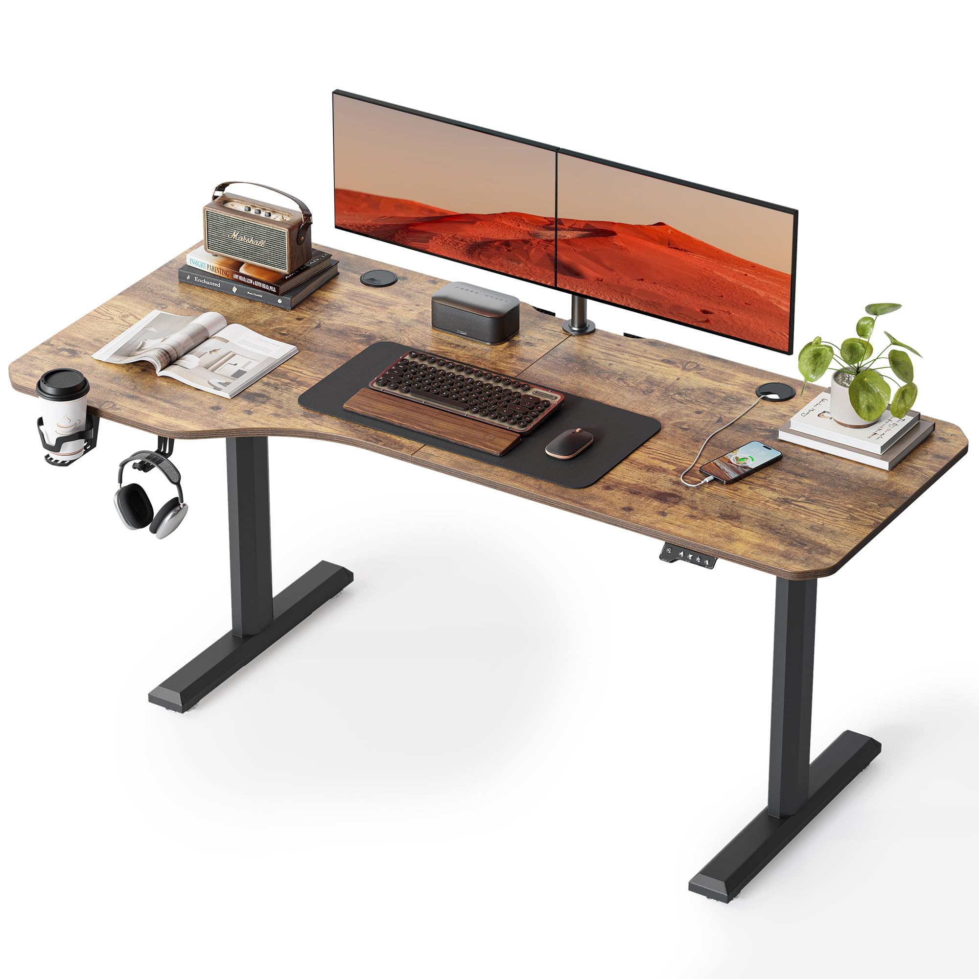 FEZIBO 63 x 24 Inches Electric Height Adjustable Standing Desk - Sit Stand Home Office Desk with Splice Board, Rustic Brown | Ergonomic Workstation for Home Office, Gaming & Study (Perfect for Remote Work & Small Spaces)