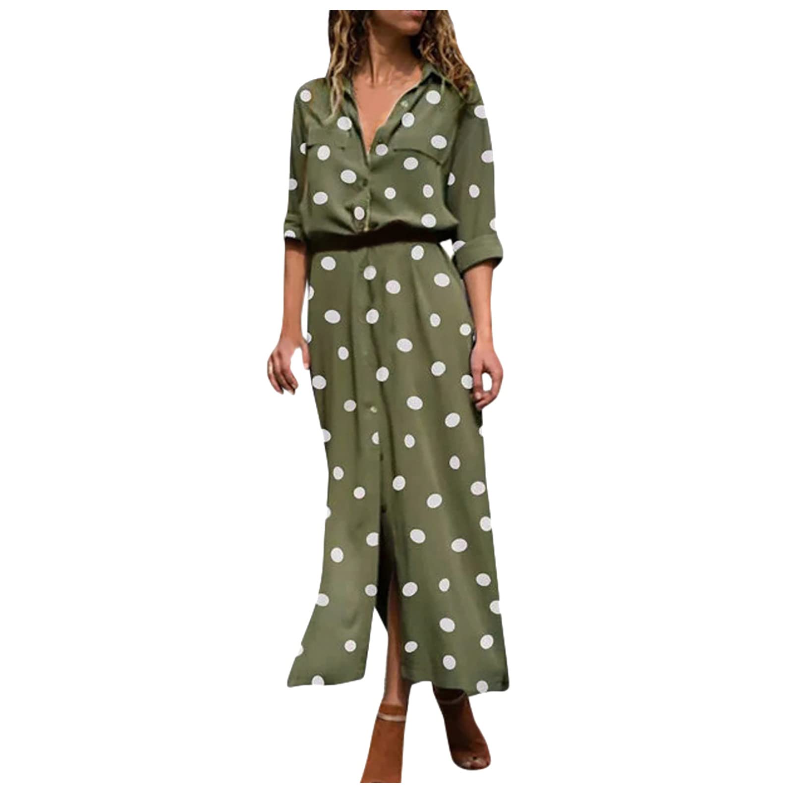 Stylish Women's Casual Maxi Dress with Polka Dot Print - Long Sleeve, Split Hem & Loose Swing Design - Perfect for Beach, Vacation, and Summer Outfits