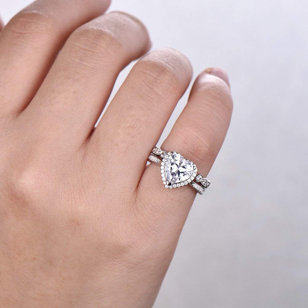 8mm Heart Shaped Engagement Ring Set - CZ Diamond Wedding Ring, Halo Promise Ring, Man Made Diamond Eternity Band in White Gold Plated - Perfect for Proposals, Anniversaries & Romantic Gifts