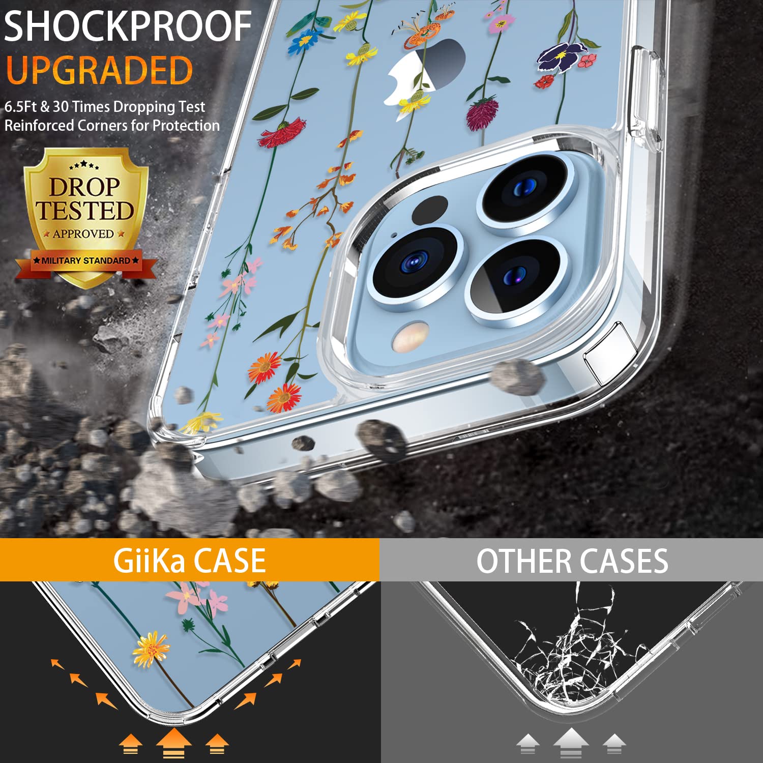 GiiKa iPhone 13 Pro Case with Screen Protector - 6.1 Inch Clear Shockproof Full Body Protective Case for Women | Floral Design Hard Case with TPU Bumper Cover | Perfect for Everyday Use, Travel & Outdoor Activities
