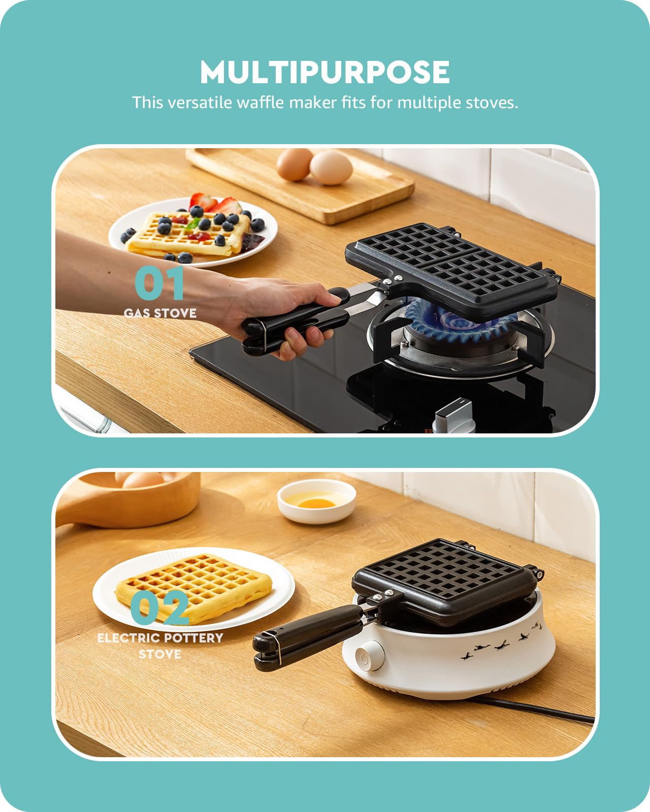 Baffect 5.7 Inch Non-Stick Cast Aluminum Stovetop Waffle Maker - Portable Camping Waffle Iron Pan for Family Breakfast, Baking & Outdoor Cooking - Perfect for RV Trips, Picnics & Home Use