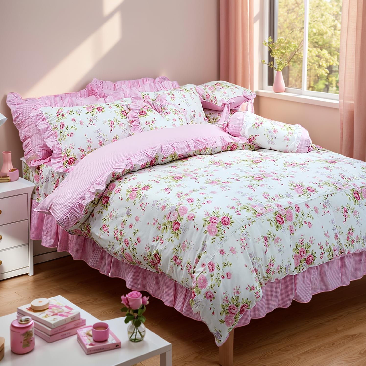 FADFAY Shabby Chic Pink Duvet Cover Set with Rose Floral Pattern - Elegant Princess Lace Ruffle Bedding Collection - 4 Piece Twin Size Quilt Cover for Girls - Perfect for Teen Bedrooms, Princess Themed Decor & Cozy Sleepovers
