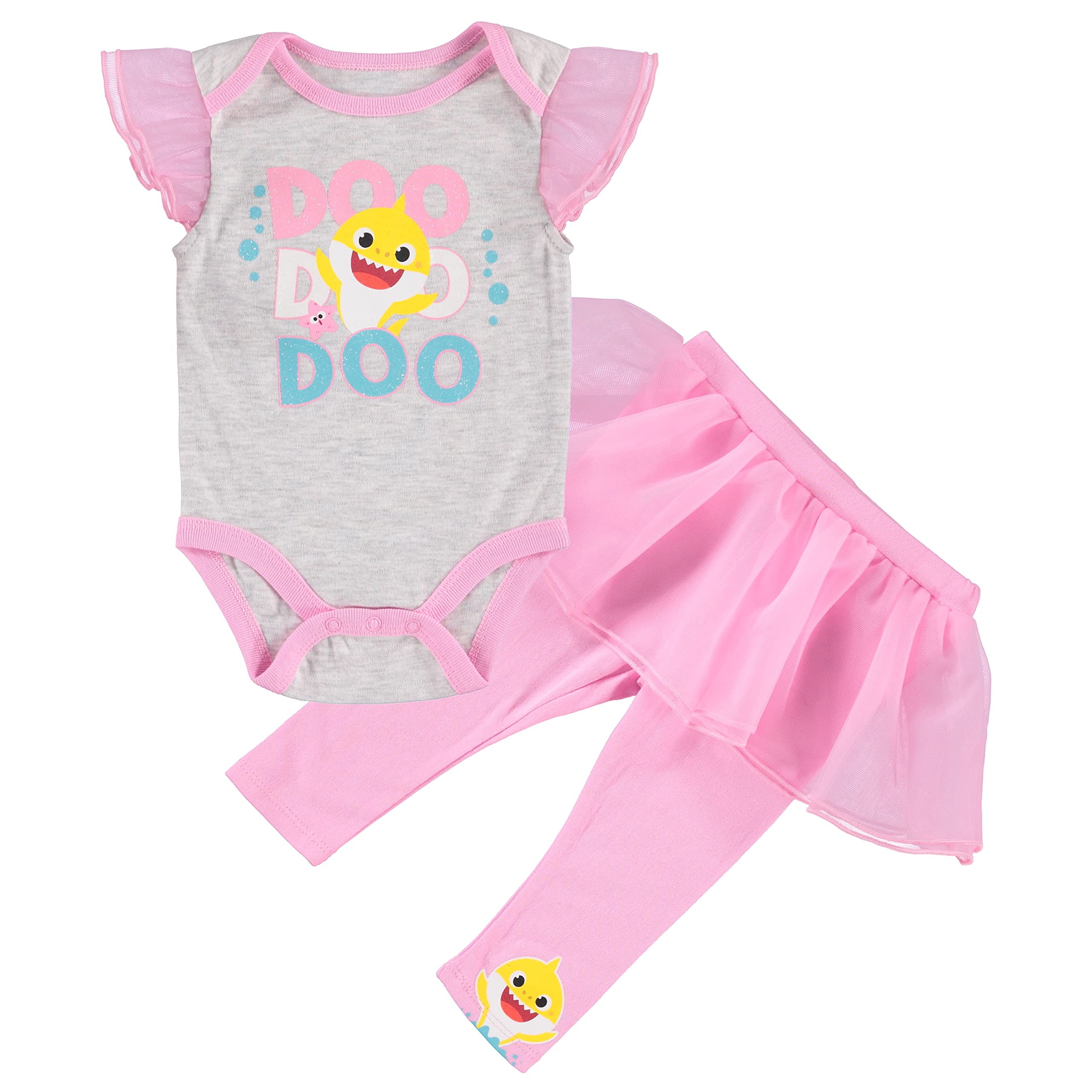 Baby Shark Baby Girls Outfit - Ruffled Sleeve Bodysuit & Tutu Leggings Set | Cute Toddler Clothes for Playtime, Birthday Parties & Photo Shoots