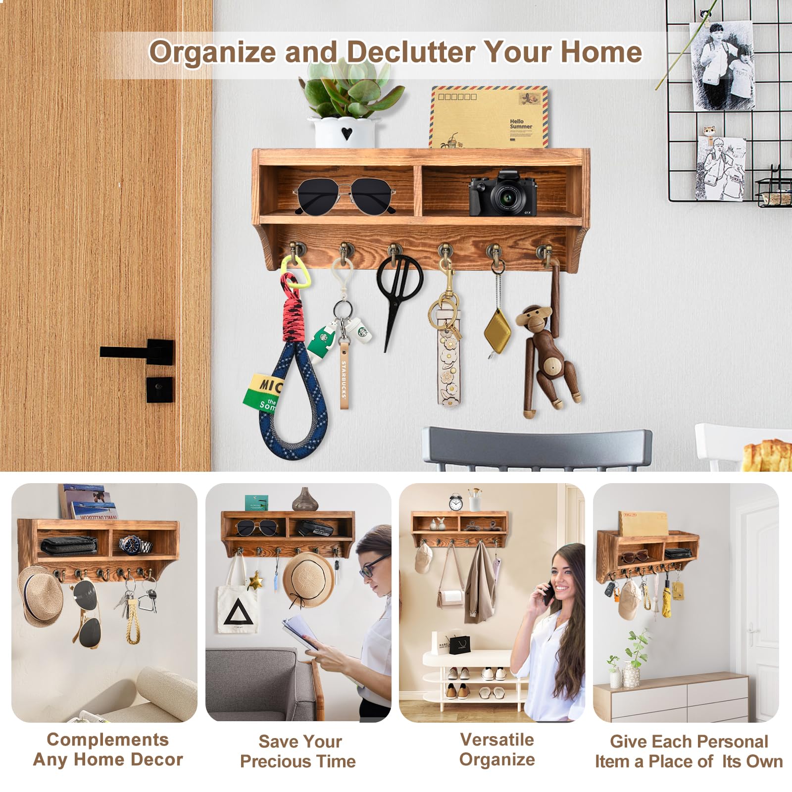 Wall Mount Key Holder with 6 Hooks & Storage Box - Mail Organizer, Sunglasses Storage & Dog Leash Holder - Rustic Farmhouse Entryway Organizer for Home, Apartment & Office Decor