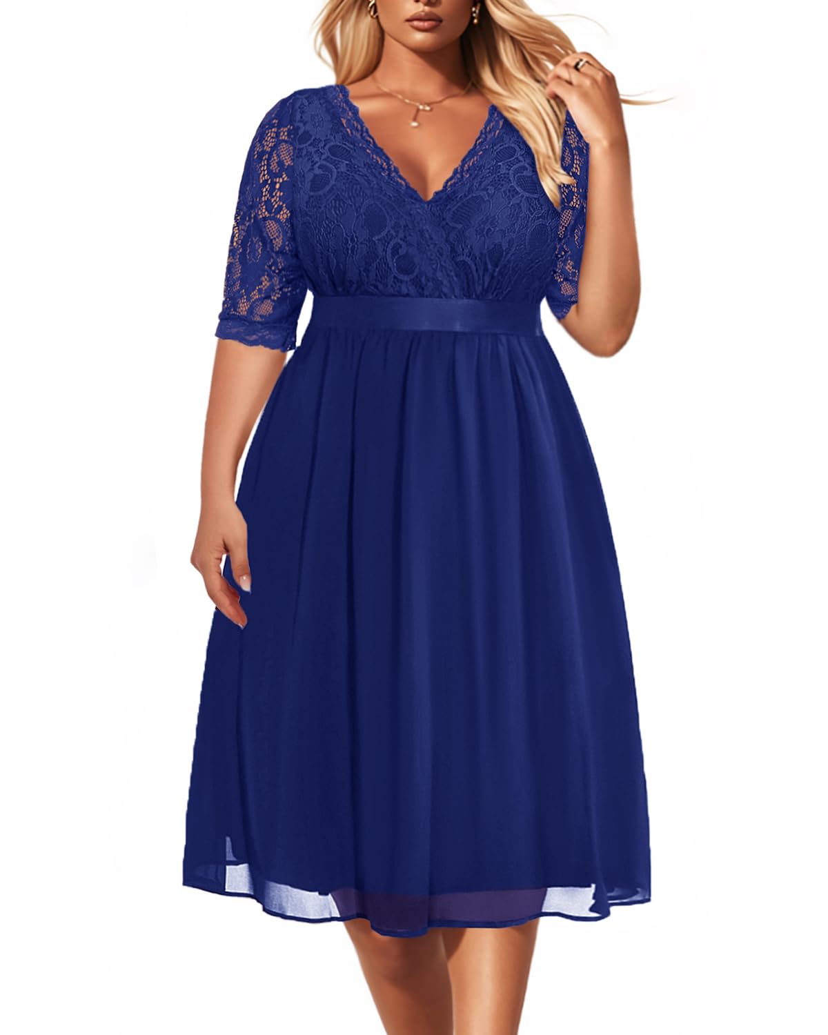 Plus Size Lace Chiffon Wrap V-Neck Midi Dress for Women - Elegant Cocktail & Wedding Guest Dress - Perfect for Parties, Date Nights & Special Occasions