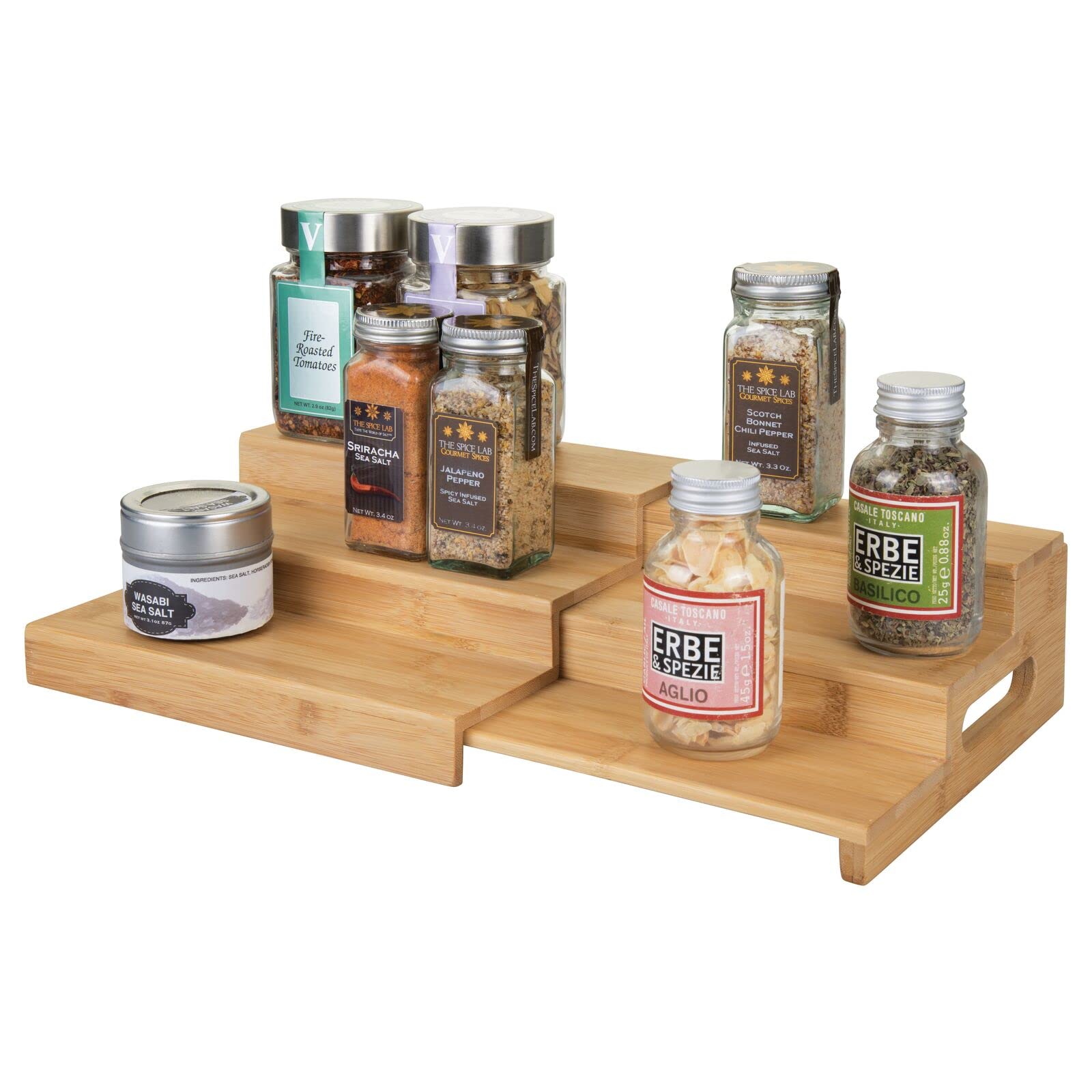 mDesign Bamboo Expandable 3-Tier Spice Rack Organizer for Kitchen Cabinet, Countertop & Pantry - Adjustable Shelf for Spice Jars - Echo Collection in Natural Finish - Perfect for Small Spaces & Clutter-Free Kitchen Organization
