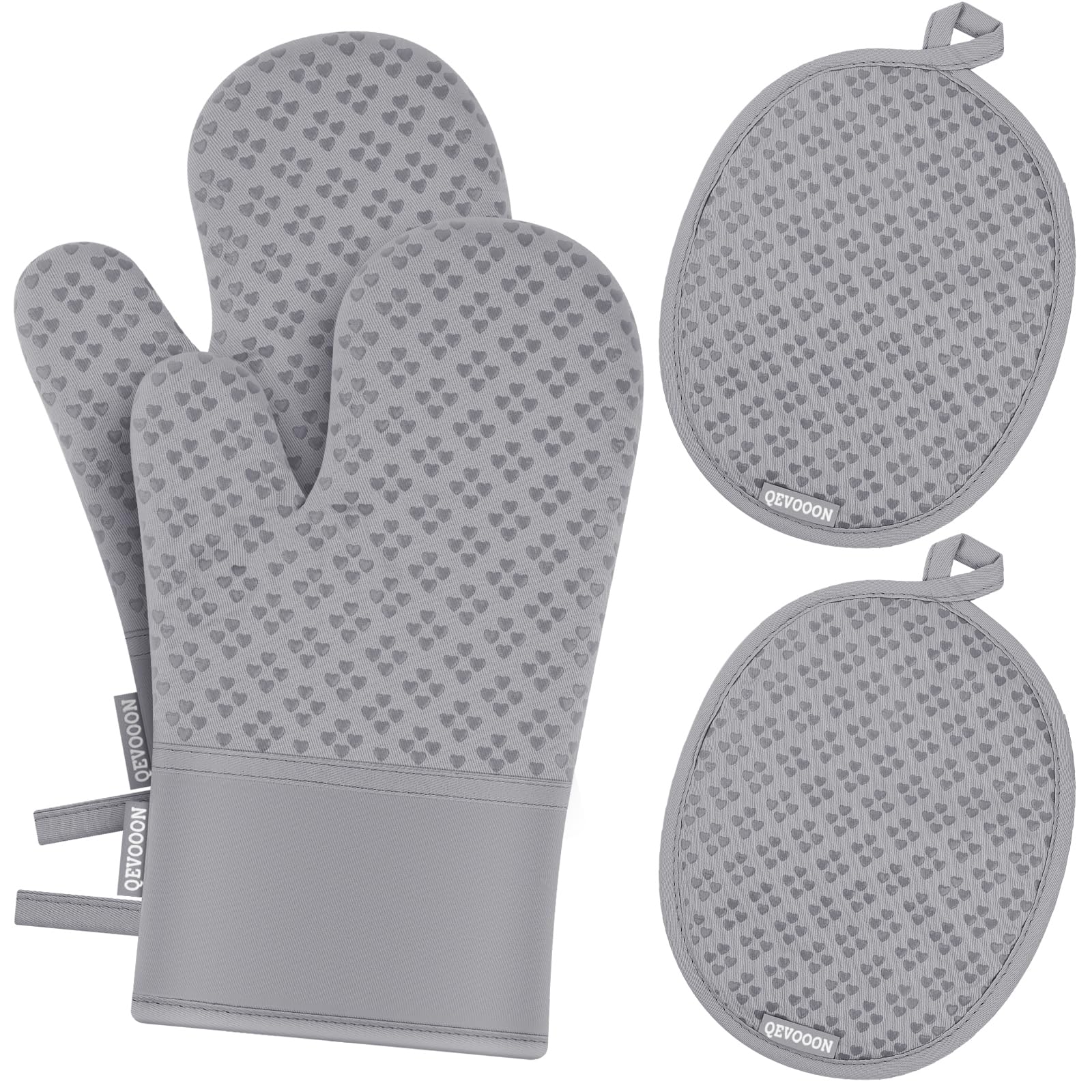 Heat Resistant Oven Mitts and Pot Holders Set of 4 - 500℉ Protection with Non-Slip Silicone Surface - Kitchen Essentials for Cooking, Baking, BBQ & Grilling - Perfect for Holiday Baking, Camping & Outdoor Cooking (Grey)