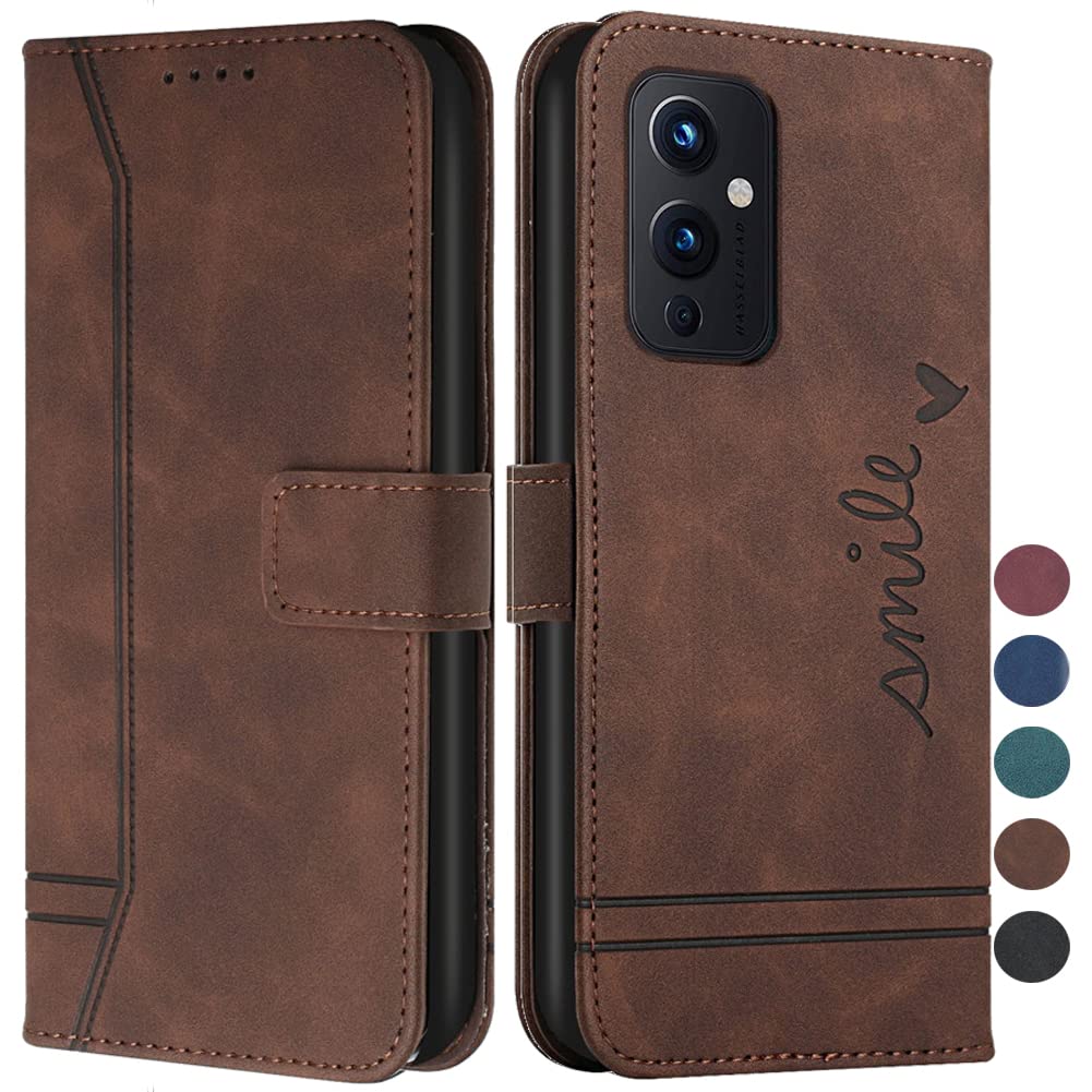Premium Leather Wallet Case for OnePlus 9/9 5G - Magnetic Flip Cover with Card Holder & Kickstand | Full Protection Phone Case (Smile Brown) | Perfect for Business, Travel & Everyday Use