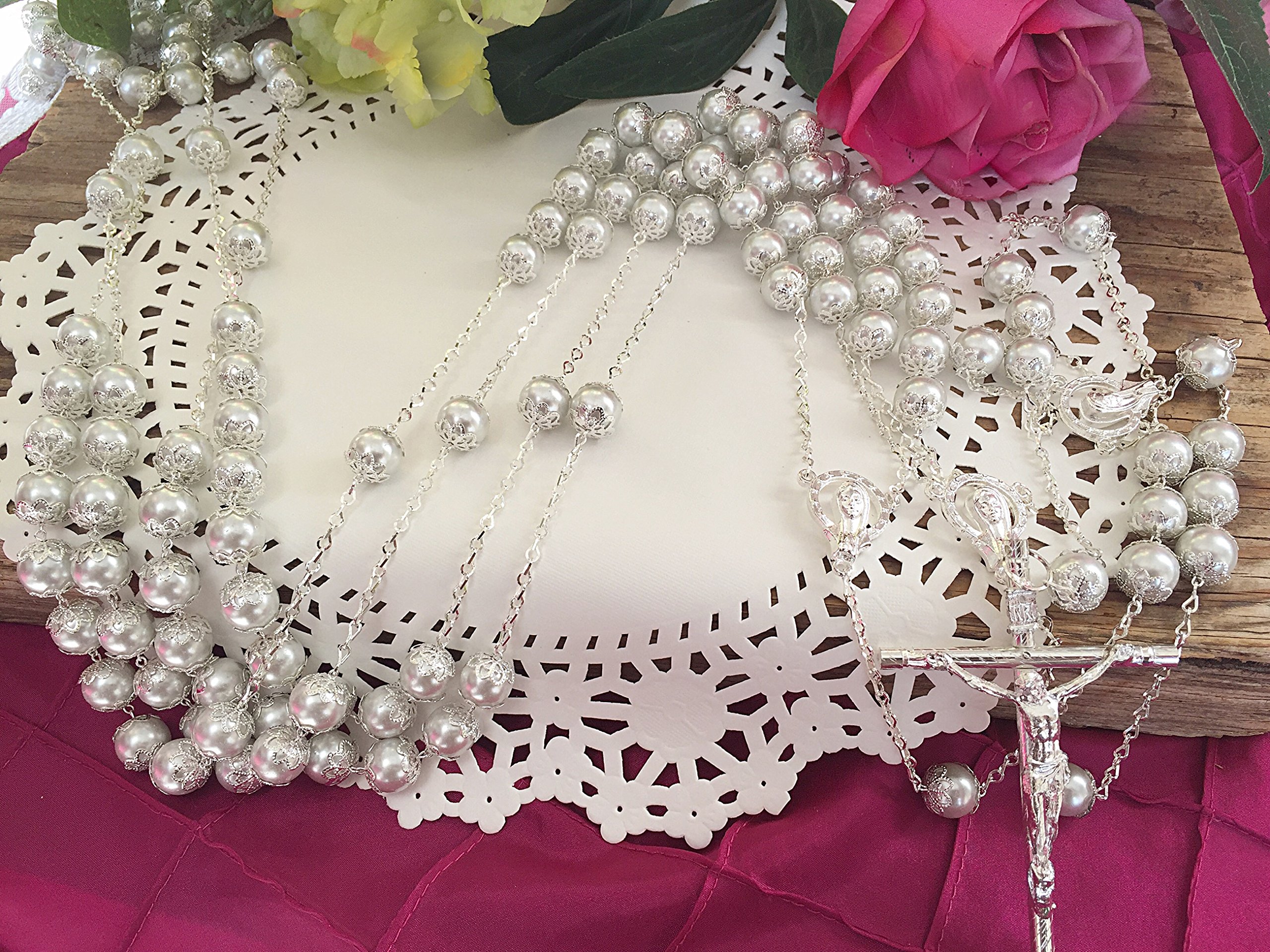 Elegant White Pearls Silver Plated Crystal Wedding Lasso - Crystal Wedding Rosary & Lazo De Boda - Perfect for Catholic Wedding Ceremonies, Quinceañeras & Vow Renewals