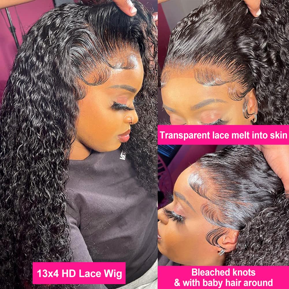 13x4 HD Transparent Lace Front Wigs Human Hair with Baby Hair & Bleached Knots - 180% Density Brazilian Deep Wave Human Hair Wigs for Black Women (24 Inch, Black) - Perfect for Daily Wear, Special Occasions & Protective Styling
