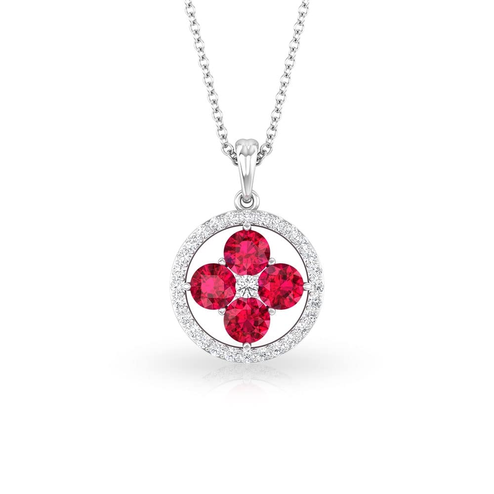 1.75 CT Certified Lab-Created Ruby & Moissanite Pendant - 14K Solid Gold Flower & Open Circle Design for Women | Elegant Jewelry Gift for Anniversary, Birthday & Special Occasions
