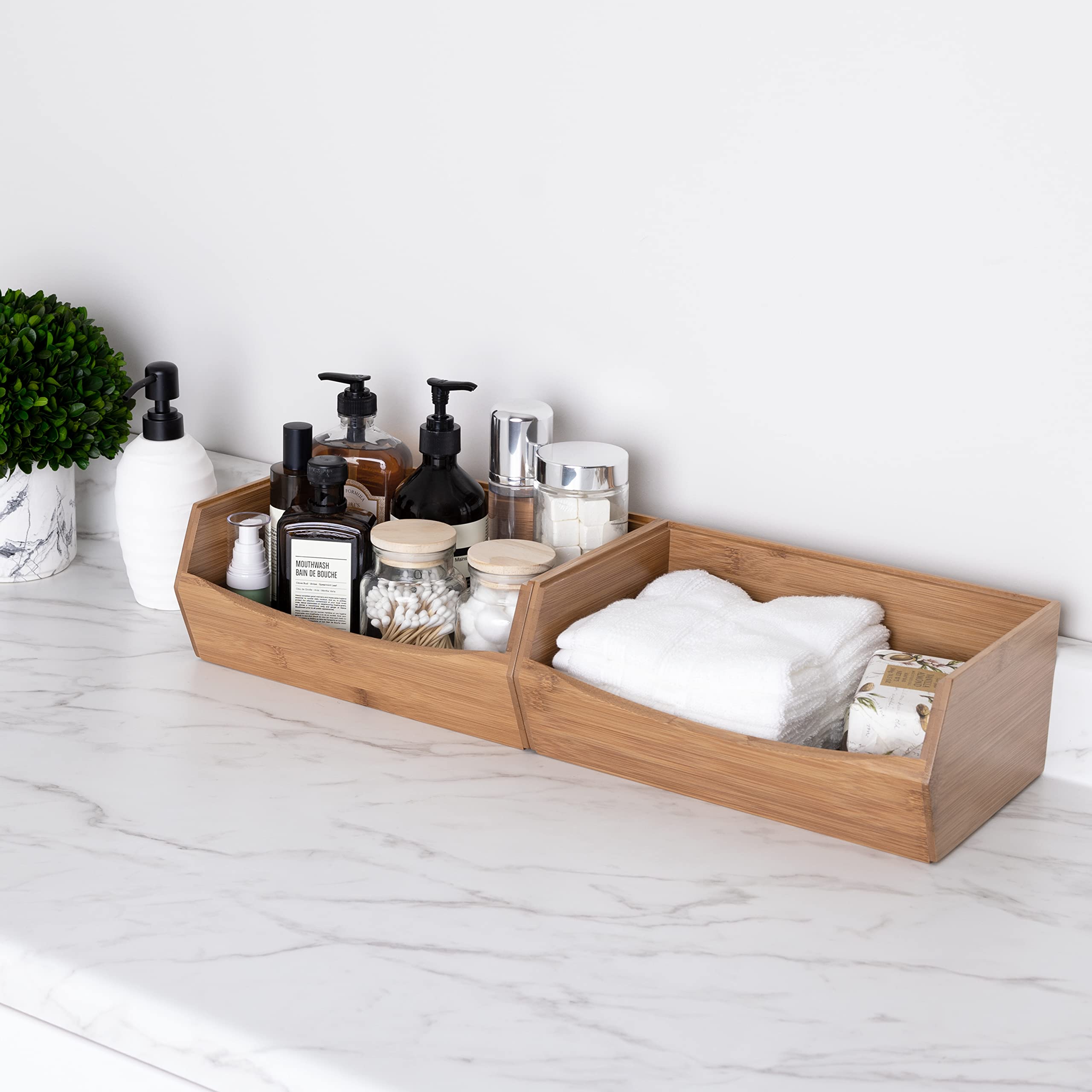 Seville Classics Premium Bamboo Organizer Storage Bins - 2-Piece Stackable Set for Kitchen Utensils, Office Supplies, Makeup & More | Perfect for Pantry, Closet & Desk Organization