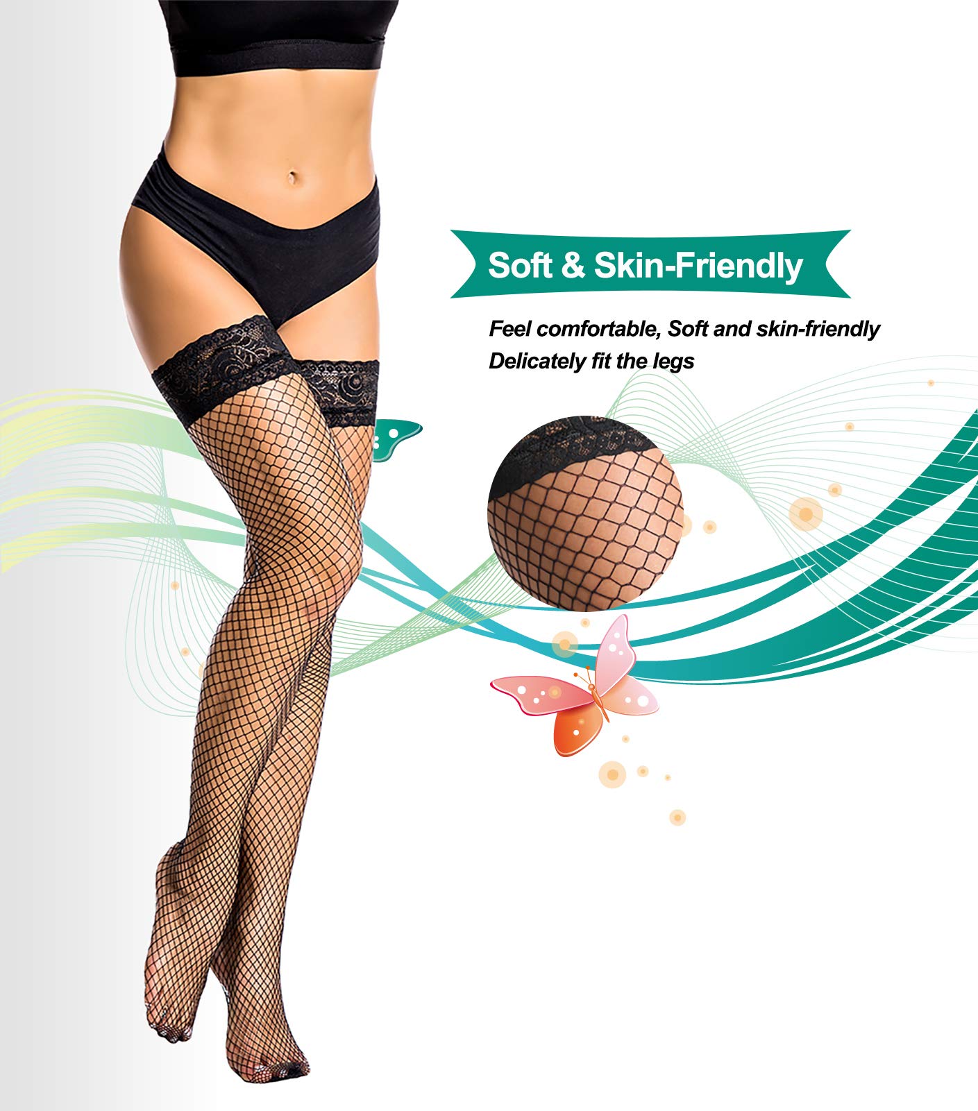 Women's Fishnet Tights & Stockings - Thigh High with Lace Top (Black, 2 Pairs, S/M) | Sexy Lingerie for Cosplay, Halloween, Night Out & Boudoir