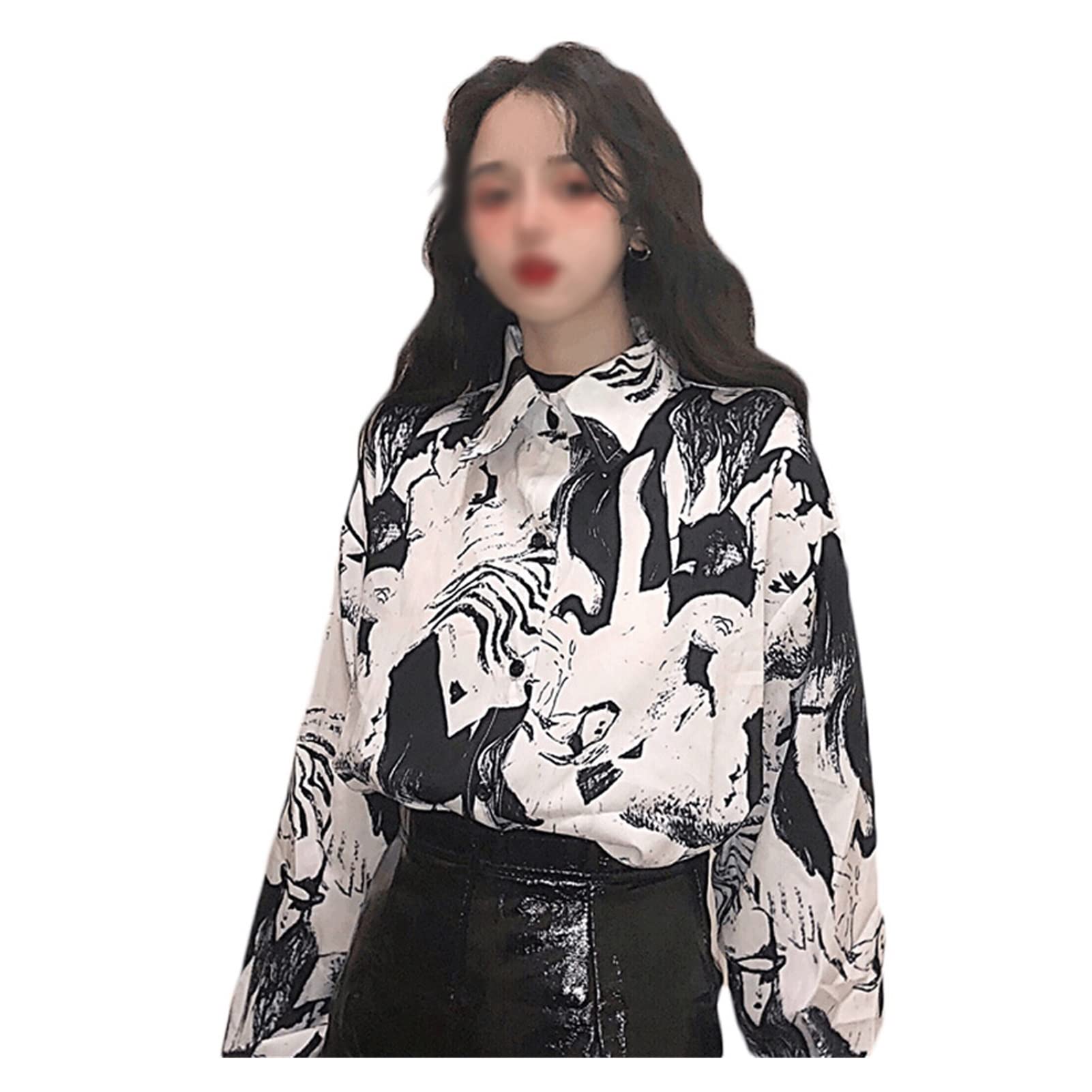 Vintage Hong Kong Style Black & White Floral Blouse - Women's Loose Long Sleeve Shirt for Spring & Autumn (Color A, Size S) | Casual Wear, Office Outfits, Date Night Fashion