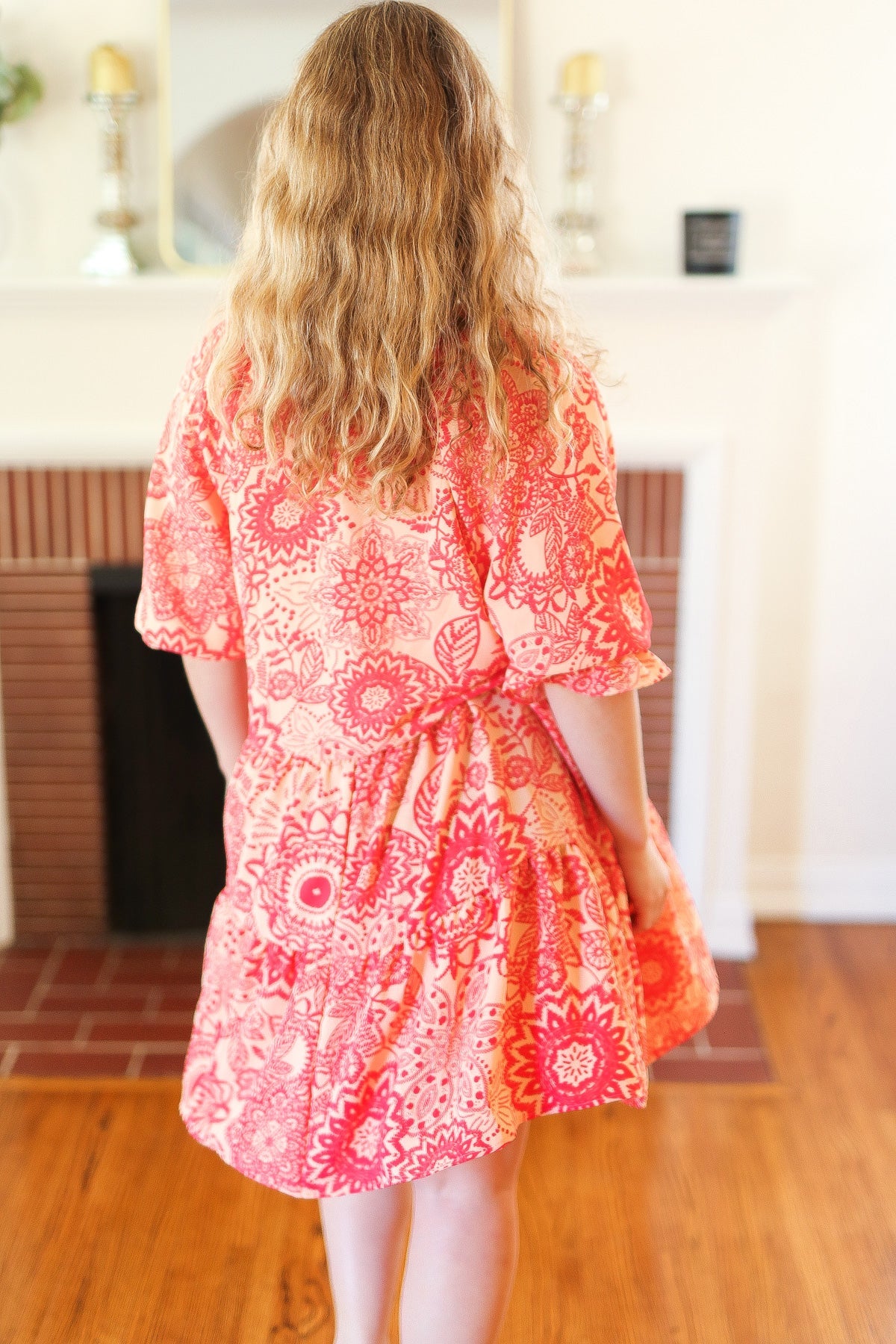Stylish Peach & Coral Boho Floral V-Neck Dress for Women | Summer Beach Wedding, Vacation & Party Outfit