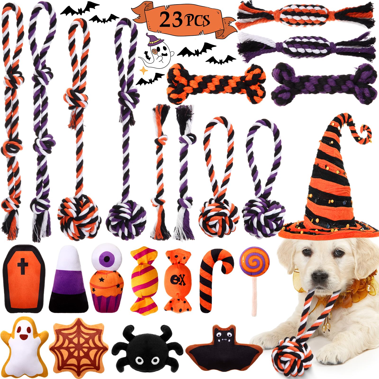 23 Pcs Halloween Dog Toys Set - Squeaky Spider Plush, Rope Chew & Ghost Stuffed Toys for Puppies - Interactive Teething & Teeth Cleaning Toys for Small Dogs - Perfect for Halloween Parties, Training & Playtime