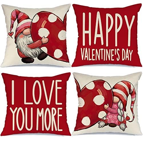 Valentine's Day Pillow Covers 20x20 Inch Set of 4 - Red Polka Dot Heart Gnome Decor for Home, Couch & Bedroom - Romantic Throw Pillow Covers for Valentine's Gifts, Couples & Anniversary Decorations