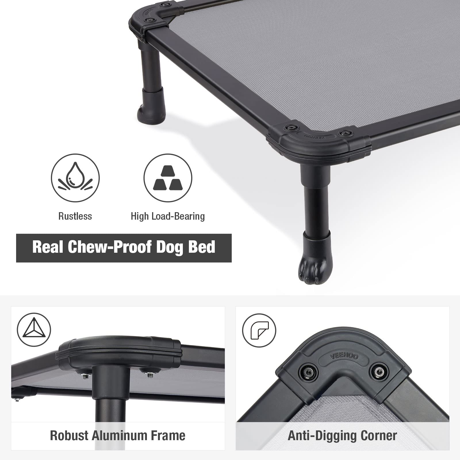 Veehoo Chew Proof Dog Bed - Cooling Raised Pet Cot with Aluminum Frame for Indoor/Outdoor Use - Large Grey