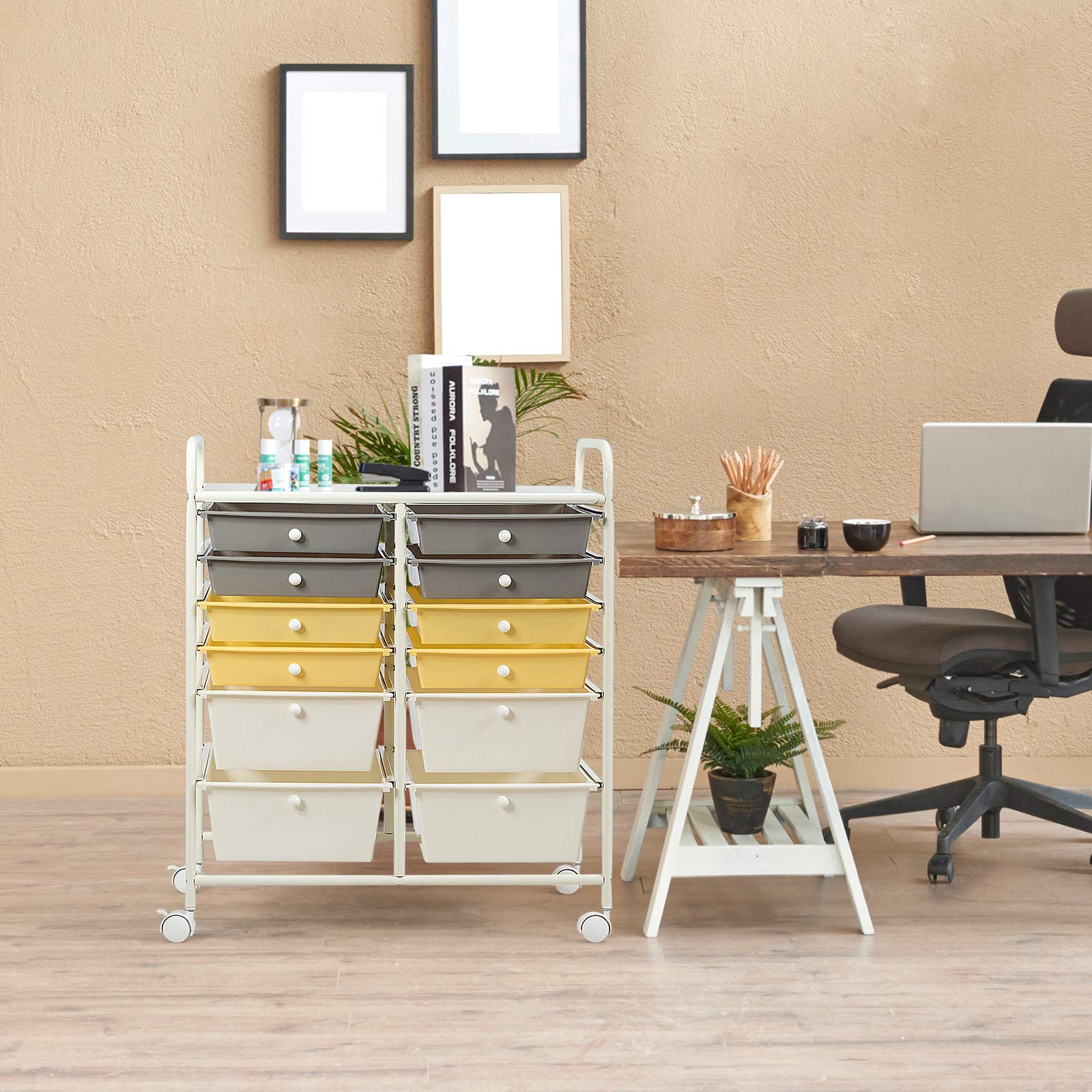 RELAX4LIFE 12-Drawer Rolling Storage Cart with Wheels - Mobile Craft Organizer for Art Supplies, Office, School & Beauty Salon | Yellow Utility Cart for Home, Classroom & Salon Organization