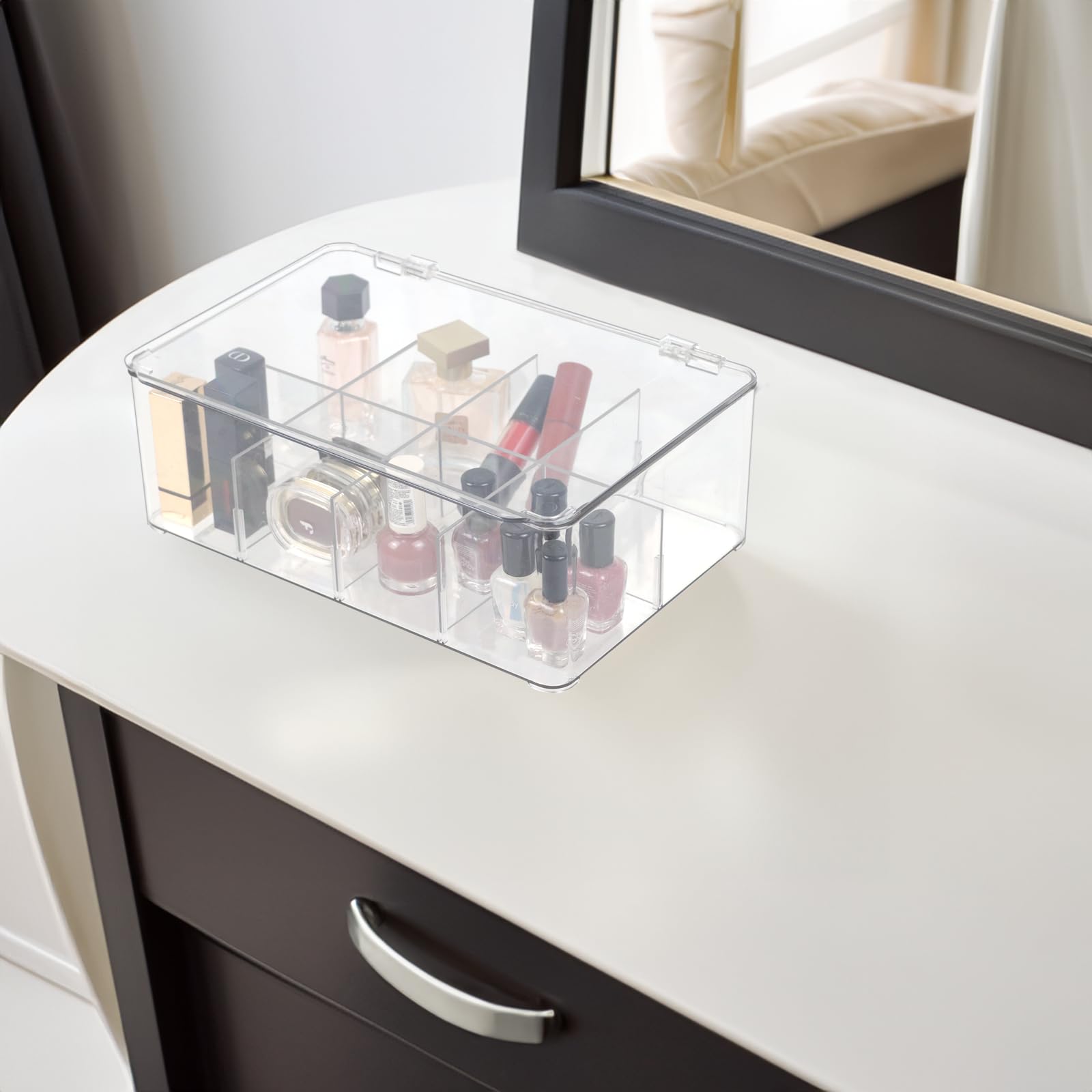 Clear Plastic Tea Bag Organizer with Removable Dividers - Drawer Storage Container for Scarves, Ties, Bras & Accessories - Perfect for Closet, Dresser & Travel Organization
