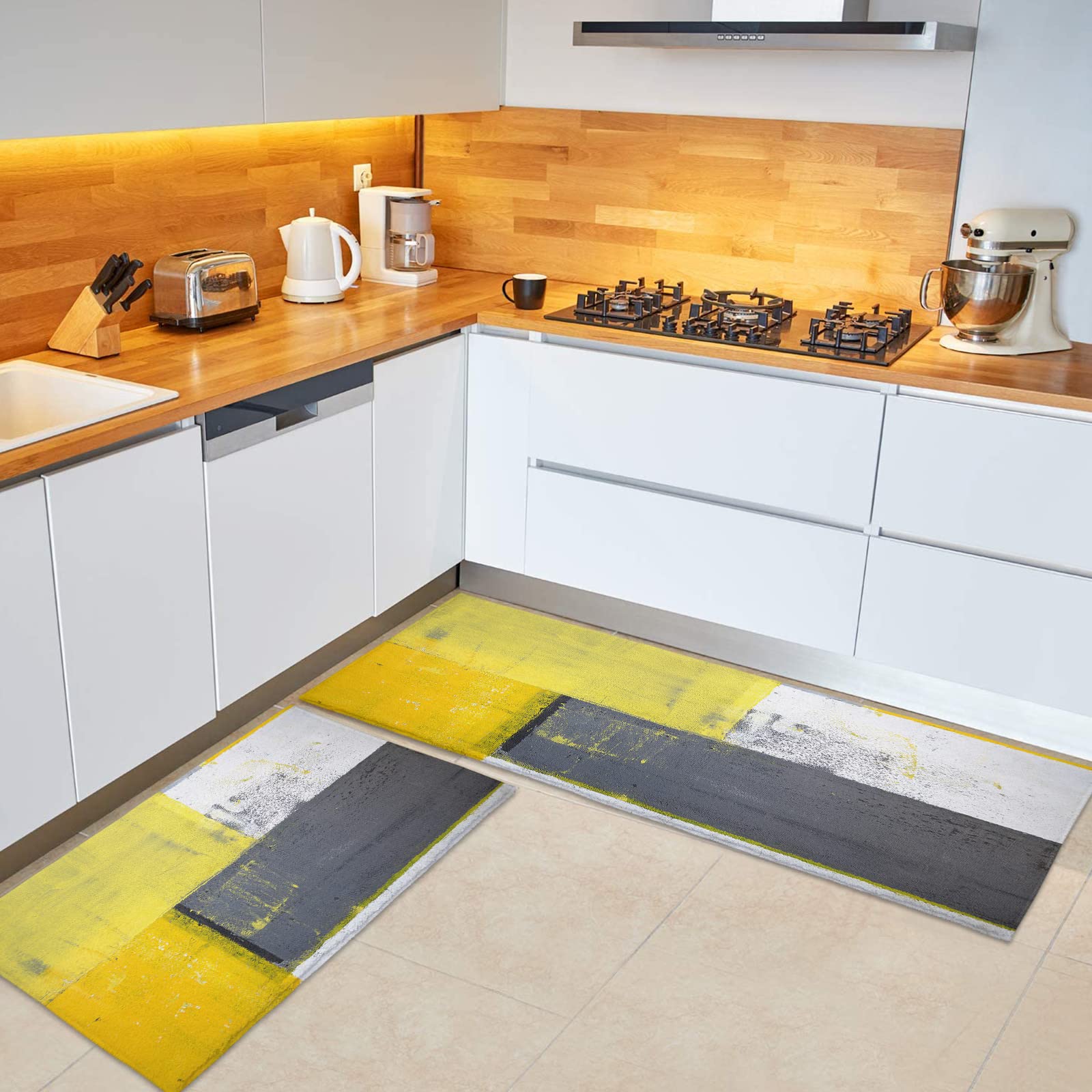 2 PCS Super Soft Shag Kitchen Rugs - Non-Slip Absorbent Microfiber Floor Mats with Yellow Color Block Watercolor Design, Abstract Geometric Runner Carpet for Indoor Bedroom, Living Room & Kitchen - Perfect for High-Traffic Areas and Cozy Home Decor