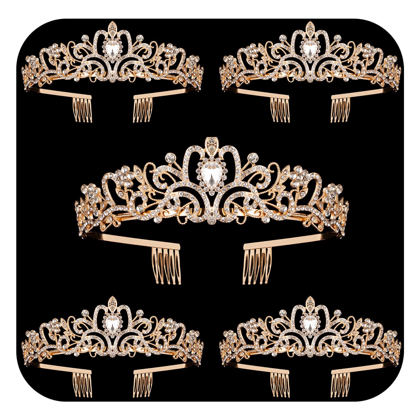 5 Pack Gold Crystal Crown Tiara for Women & Girls - Elegant Rhinestone Princess Crown with Combs | Bridal Wedding Headband, Prom Birthday Party Hair Accessories, Halloween Costume Jewelry Gifts - Perfect for Pageants, Cosplay & Special Occasions