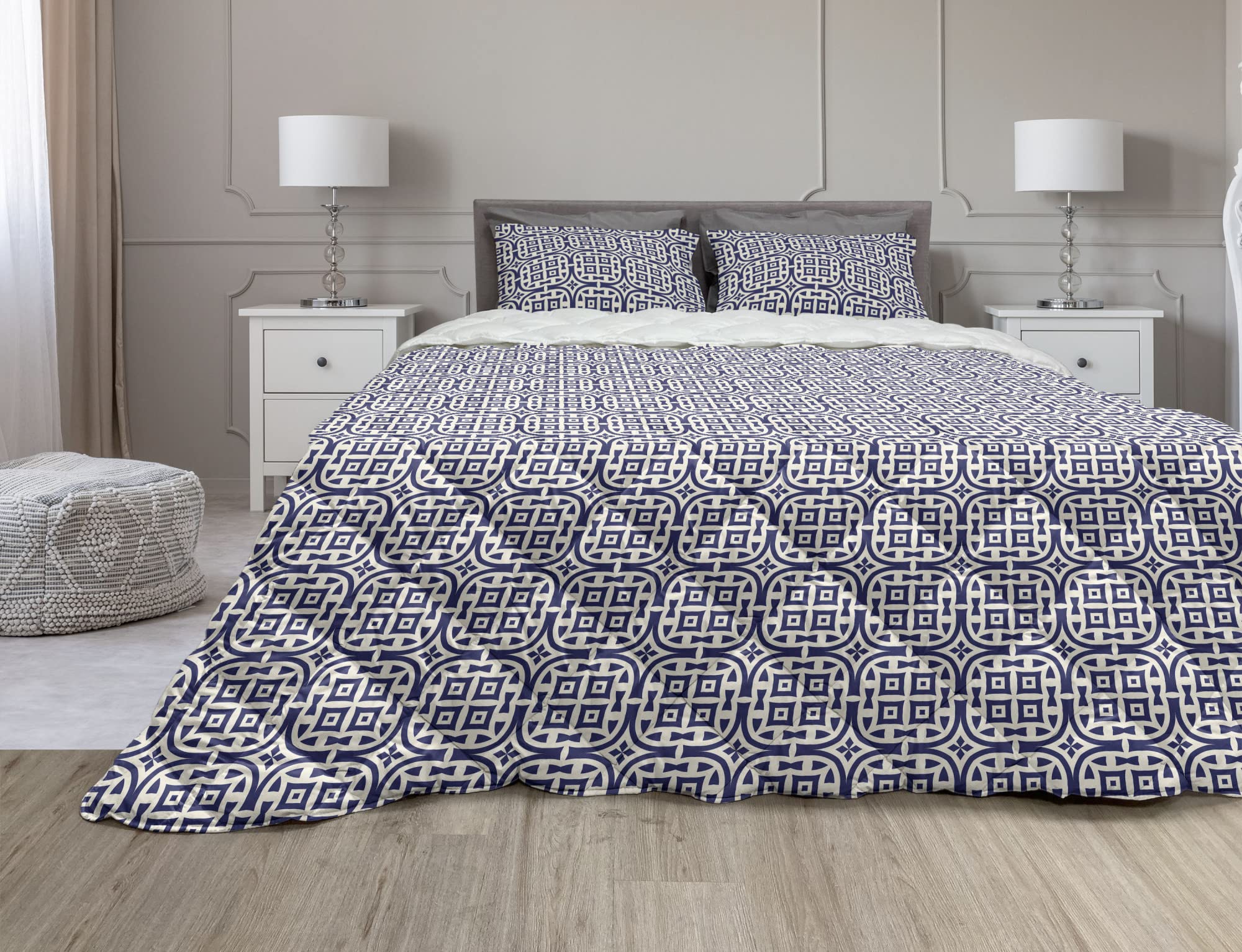 Ambesonne Ethnic Comforter & Sham Bedding Set - Traditional Geometric Pattern Microfiber Duvet Cover Set (3 Piece, Queen Size, Eggshell & Night Blue) for Cozy Bedroom Decor
