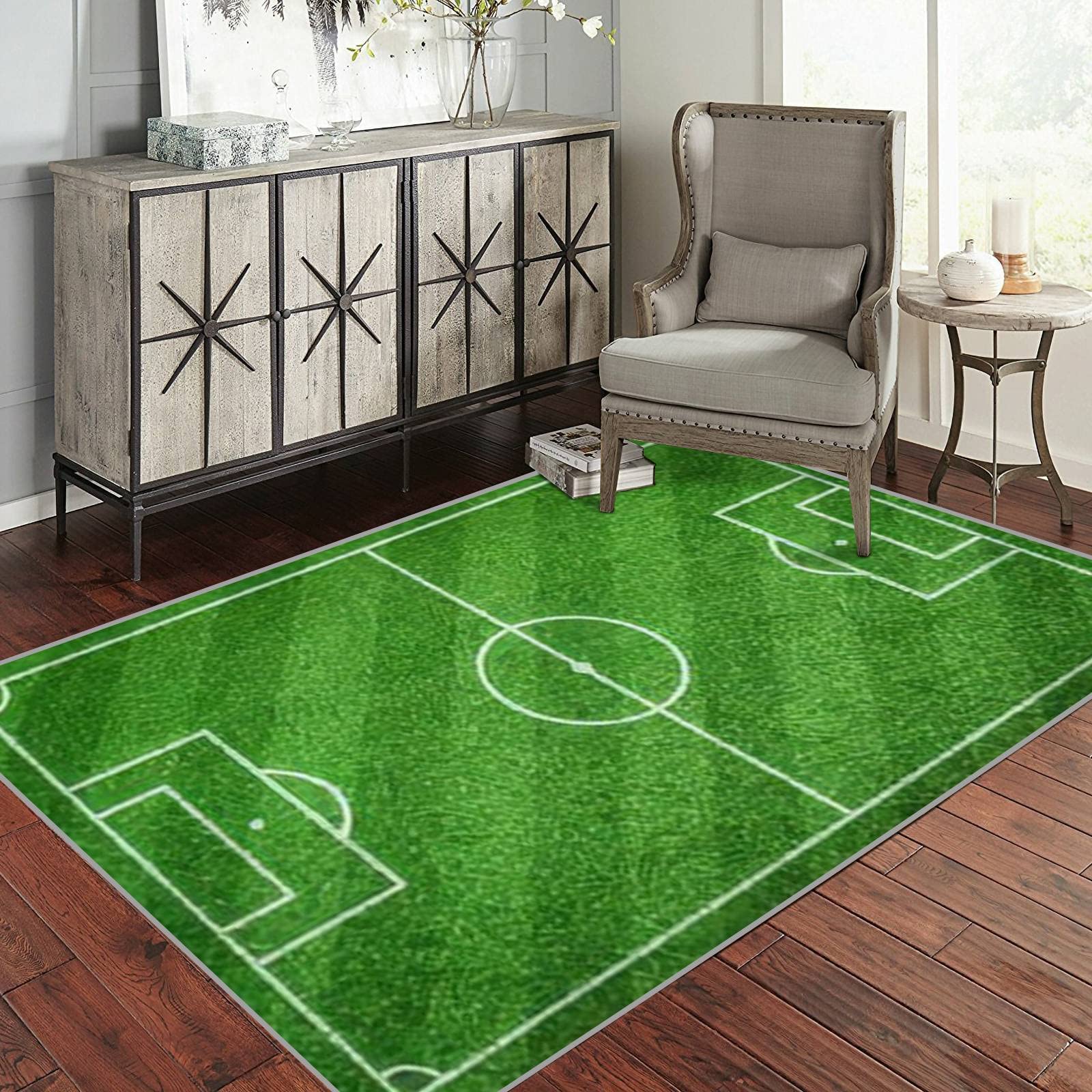 Premium Green Soccer Football Field Striped Grass Texture Rug - Non-Slip Sports Area Mat for Gamers, Boys Bedroom & Living Room - Perfect for Game Room Decor, Man Cave, and Modern Home Flooring