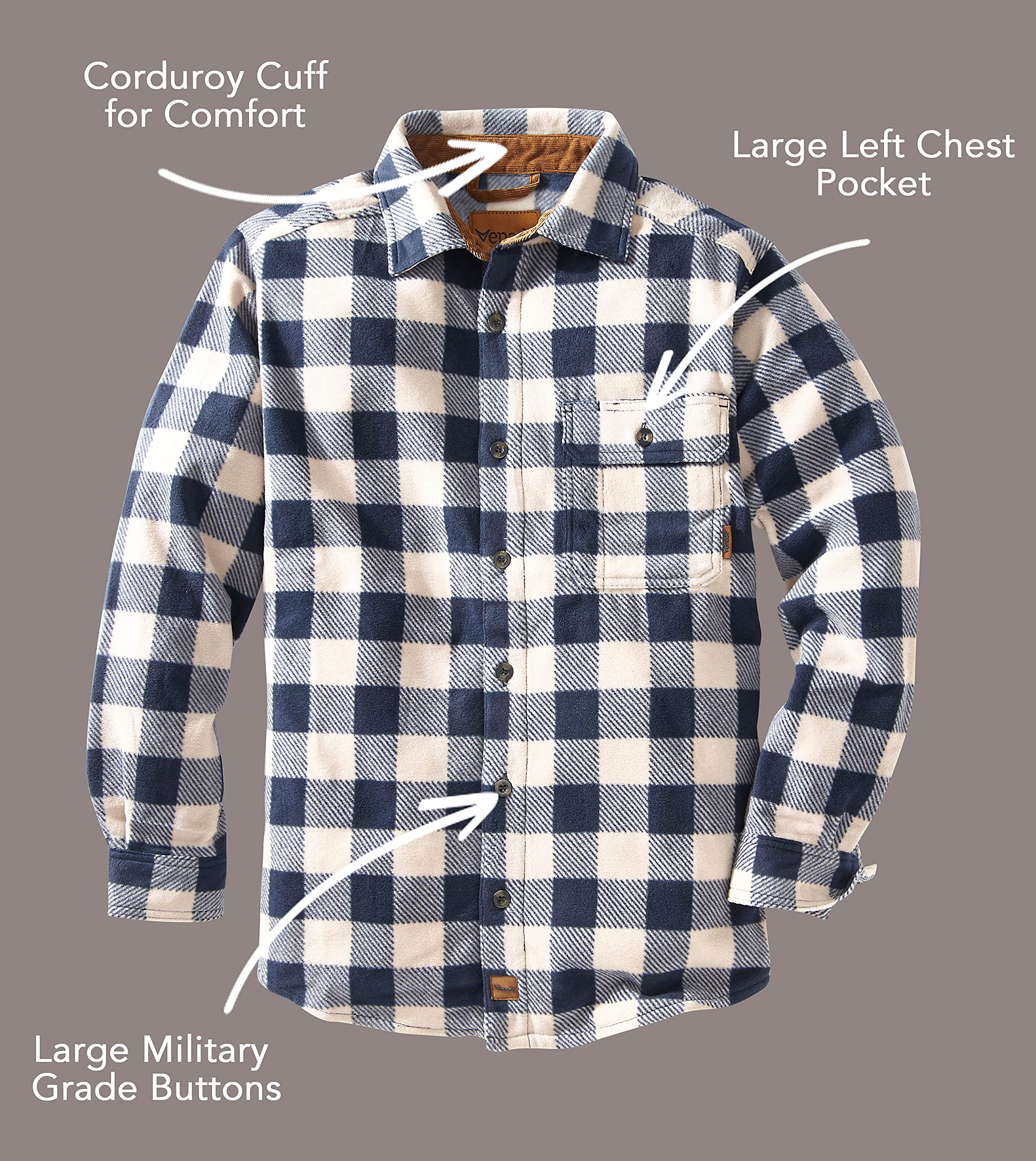 Venado Men's Buffalo Plaid Fleece Shirt - Heavyweight Soft Flannel Shirt for Men - Perfect for Winter Outdoor Activities & Casual Wear