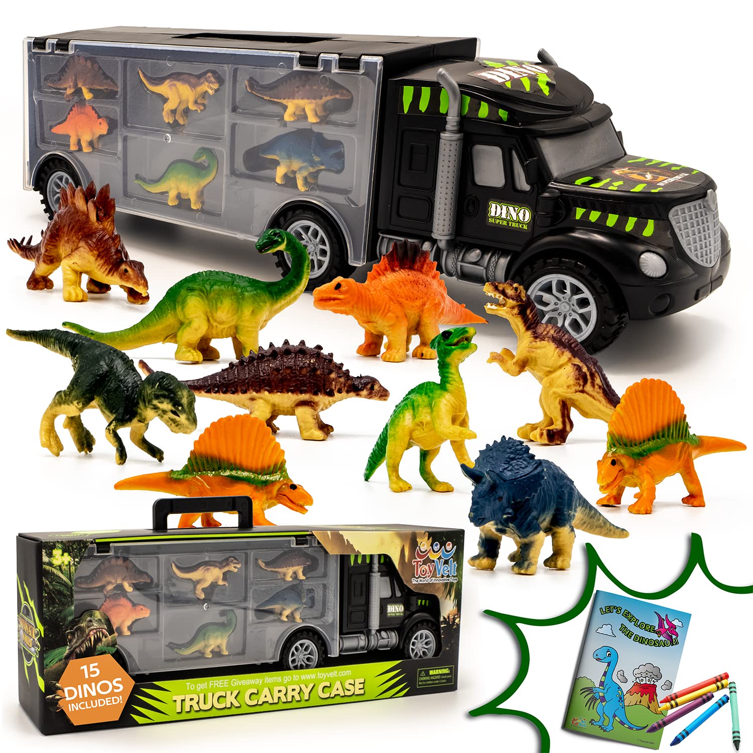 Toyvelt Dinosaur Truck Carrier Toy Set with 15 Dinosaurs - Educational STEM Toys for Kids Ages 3-5 Years Old | Perfect Birthday Gift for Boys & Girls | Includes Bonus Dinosaur Book | Great for Pretend Play, Learning & Outdoor Adventures
