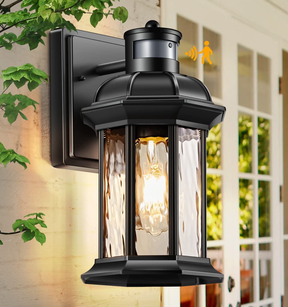 VIANIS Dusk to Dawn Motion Sensor Outdoor Porch Light - Modern Black Waterproof Wall Mount Exterior Light Fixture with Anti-Rust Aluminum & Tempered Ripple Glass - Perfect for Garage, Entryway, Patio, and Backyard Security Lighting