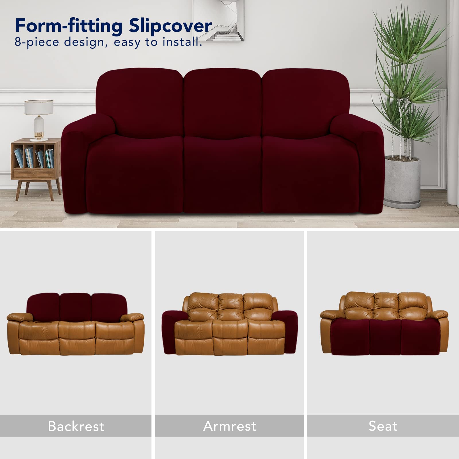 PureFit Super Stretch 3-Seater Recliner Sofa Cover with Pockets - Non-Slip Washable Spandex Slipcover for Living Room, Family Room & Home Theater - Furniture Protector for Kids & Pets (Wine Red, Fits Reclining Couches)