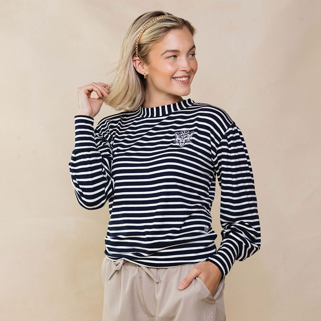 BYU Coco Long Sleeve T-Shirt for Women - Navy Blue Striped Casual Top - Perfect for Work, Travel and Everyday Wear