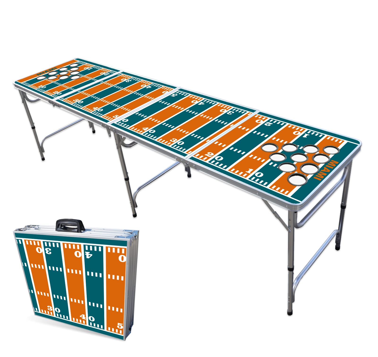 8-Foot Folding Portable Beer Pong Table with LED Lights & Cup Holders - Miami Football Field Design for Indoor/Outdoor Parties, Tailgates & Game Nights (Multiple Models Available)