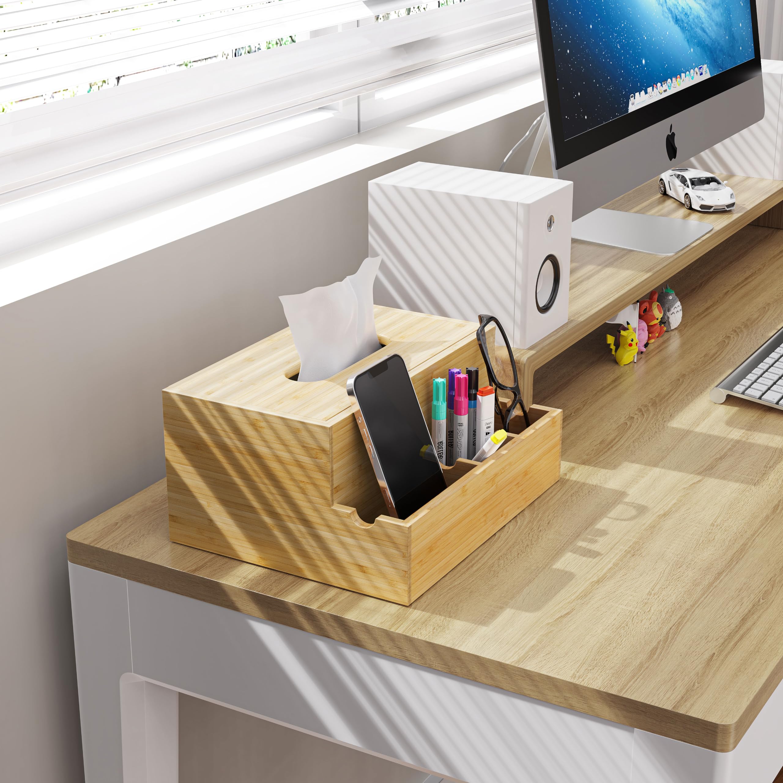 Bamboo Tissue Box Cover - Rectangular Nightstand & Desk Organizer, Multifunctional Makeup Storage Box for Women - Perfect for Bedroom, Bathroom & Office Decor