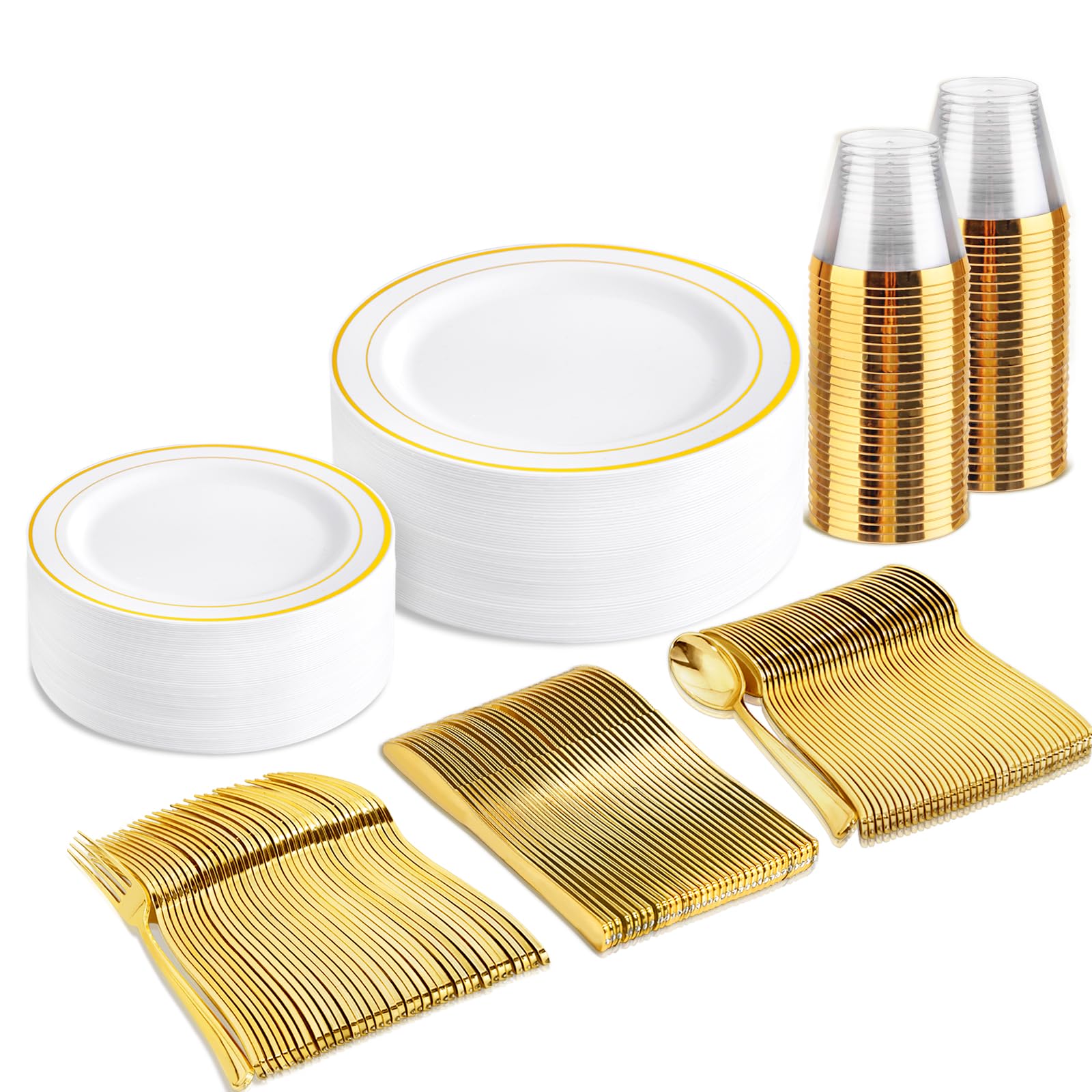 150-Piece Gold Plastic Dinnerware Set Disposable - Heavy Duty Gold Plates, Forks, Knives, Spoons & Cups for 25 Guests | Includes 25 Dinner Plates, 25 Dessert Plates, 25 Forks, 25 Knives, 25 Spoons & 25 Cups | Perfect for Parties, Weddings, BBQs & Events